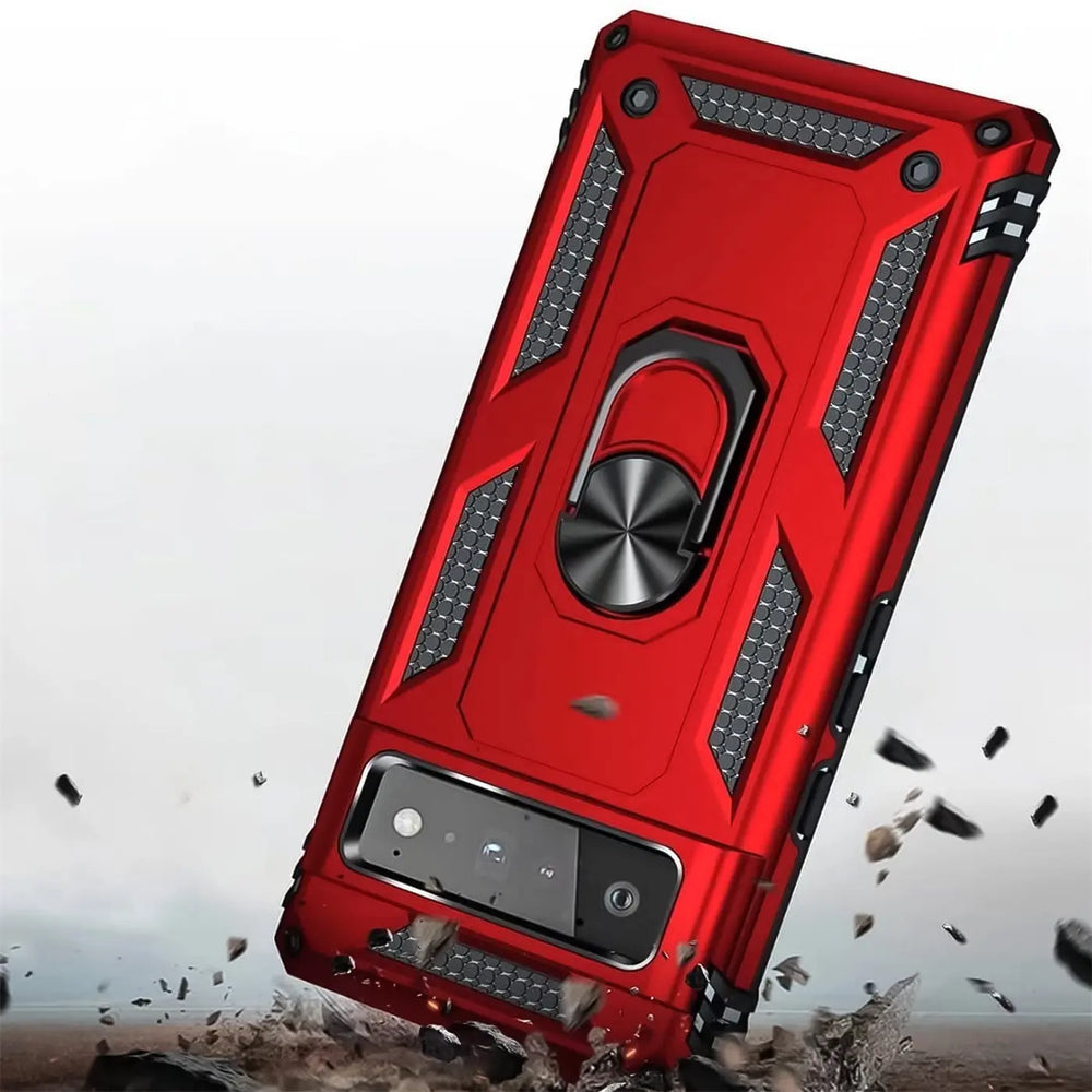 Rote Military-Hülle aus Kunststoff für Google Pixel 6 mit schwarzem Ringhalter, schräg von hinten gezeigt.