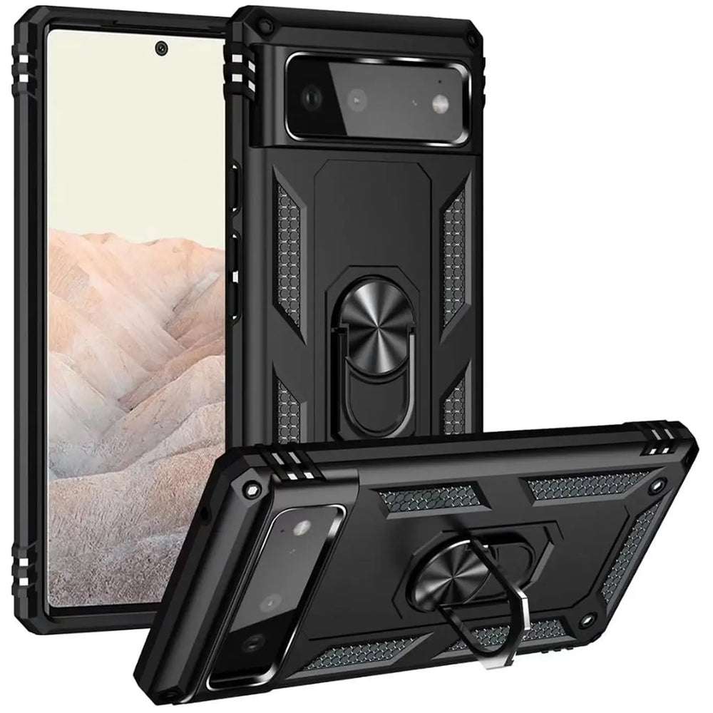 Zwei schwarze Google Pixel 6 Hüllen aus Kunststoff mit Ringhalter, eine stehend, die andere liegend mit ausgeklapptem Ring.