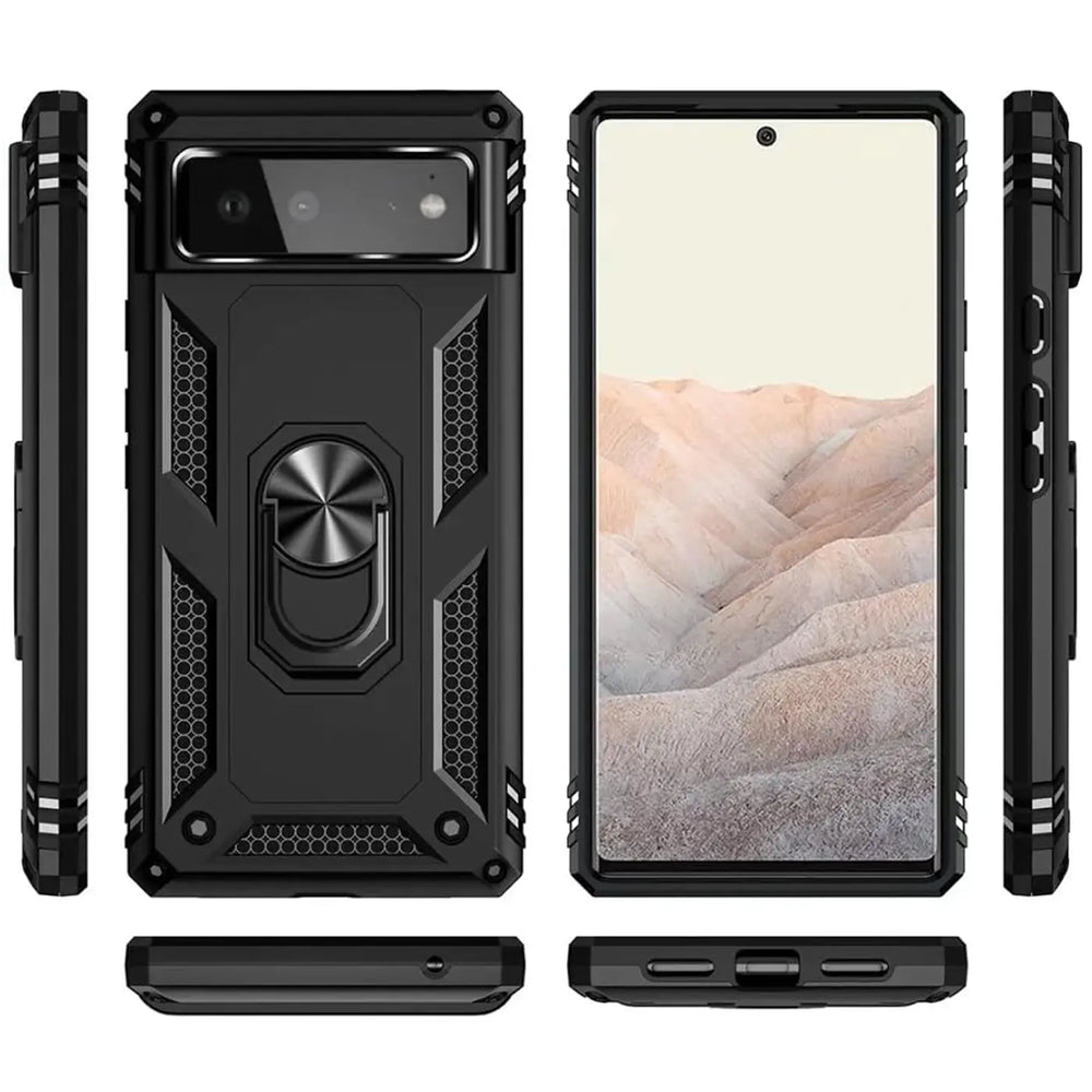 Schwarze Military-Hülle aus Kunststoff und Metall für Google Pixel 6 mit Ringhalter, in 6 Ansichten gezeigt.
