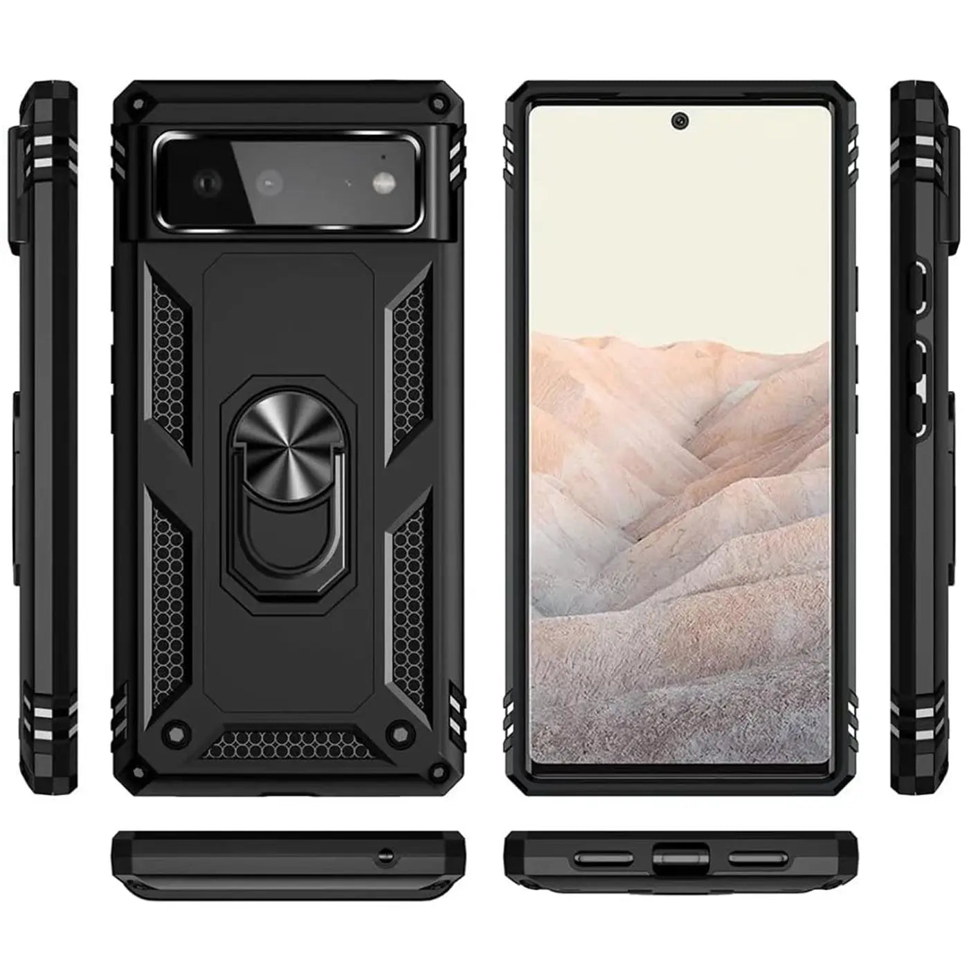 Schwarze Military-Hülle aus Kunststoff und Metall für Google Pixel 6 mit Ringhalter, in 6 Ansichten gezeigt.