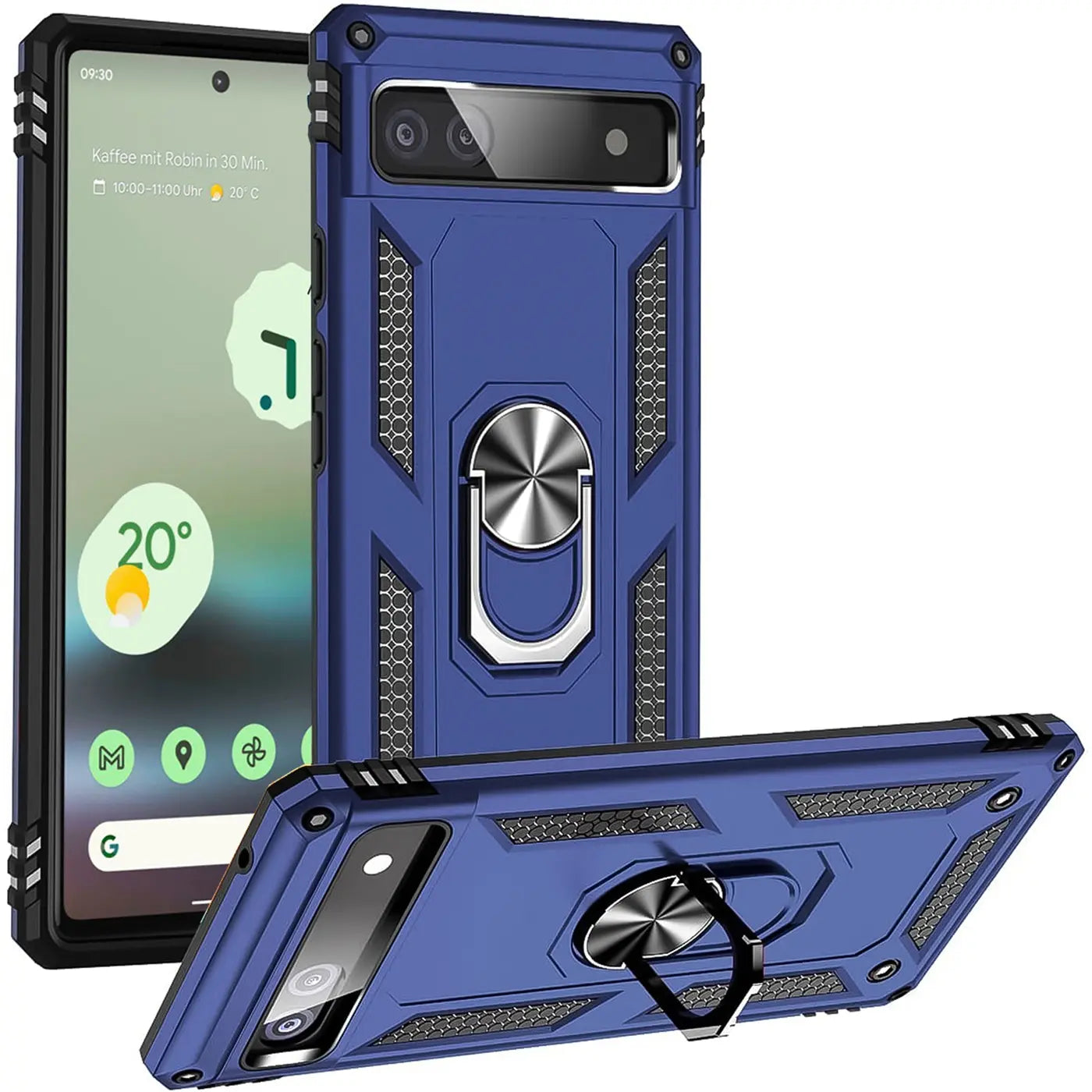 Drei blaue Military-Hüllen aus Kunststoff für Google Pixel 6a mit Ringhalter, teils mit Handy, aus verschiedenen Winkeln.