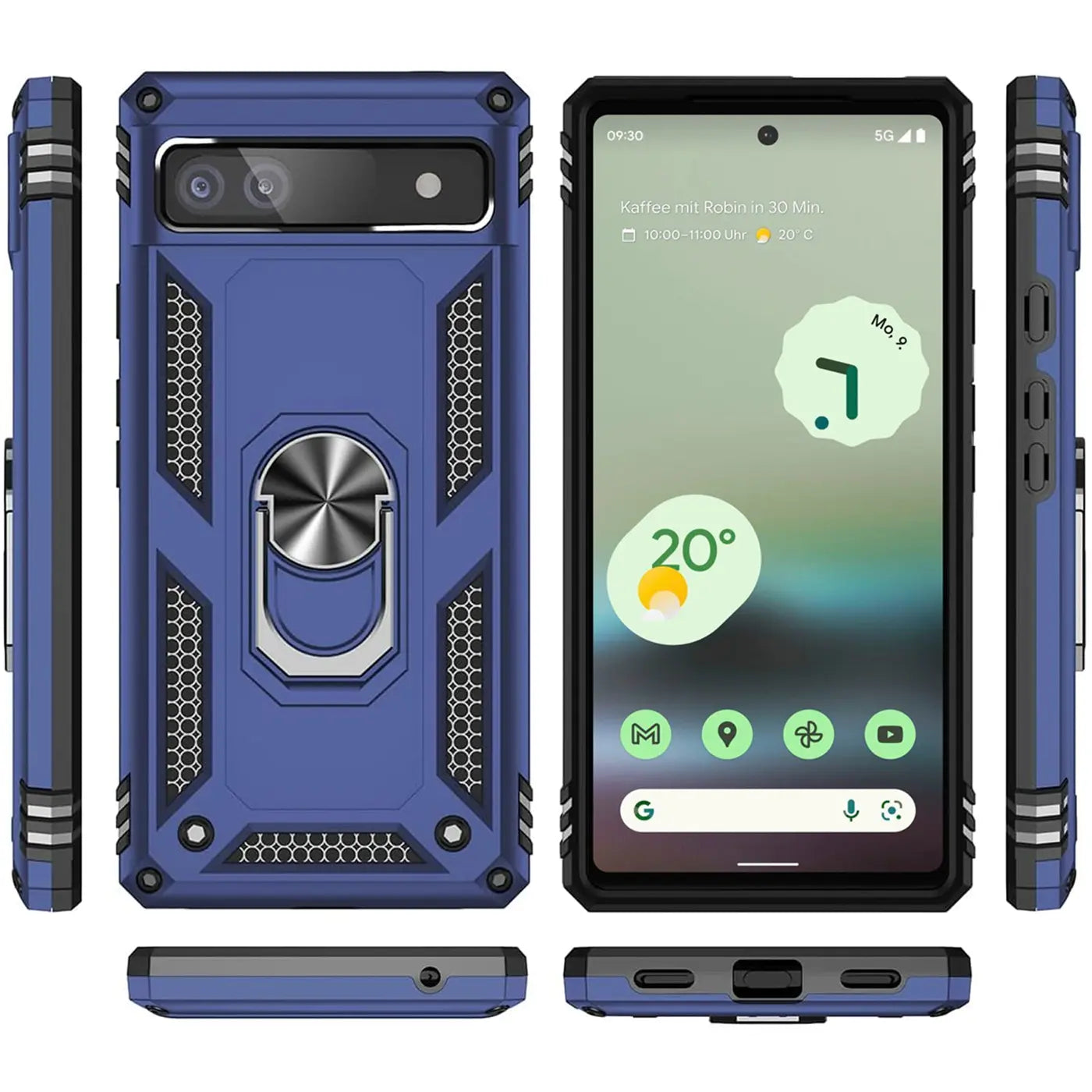 Google Pixel 6a in blauer Military-Hülle aus Kunststoff mit Ringhalter, von allen Seiten auf weißem Grund.
