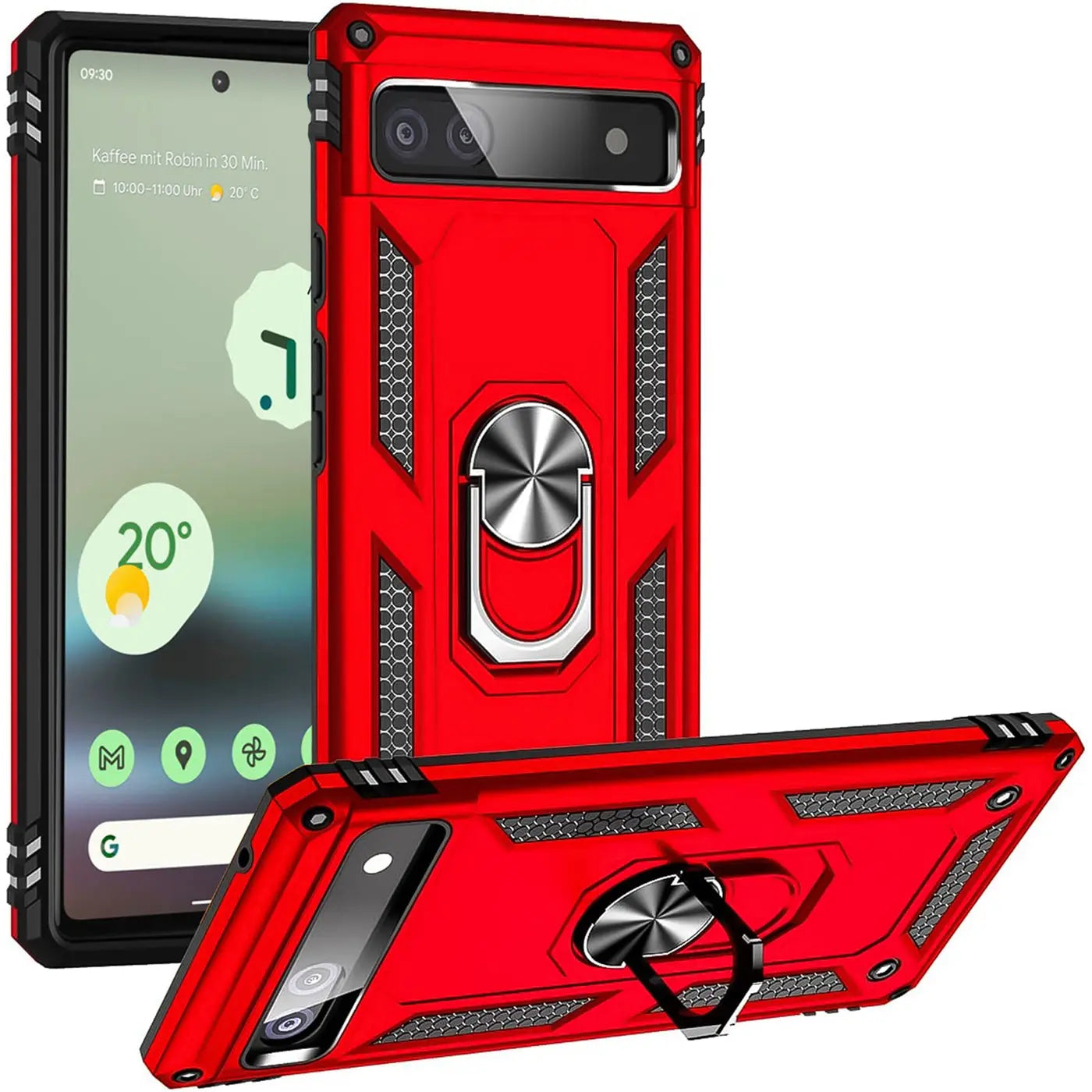 Zwei rote, robuste Google Pixel 6a Hüllen mit Ringhalter. Eine steht aufrecht, die andere liegt mit ausgeklapptem Ring.