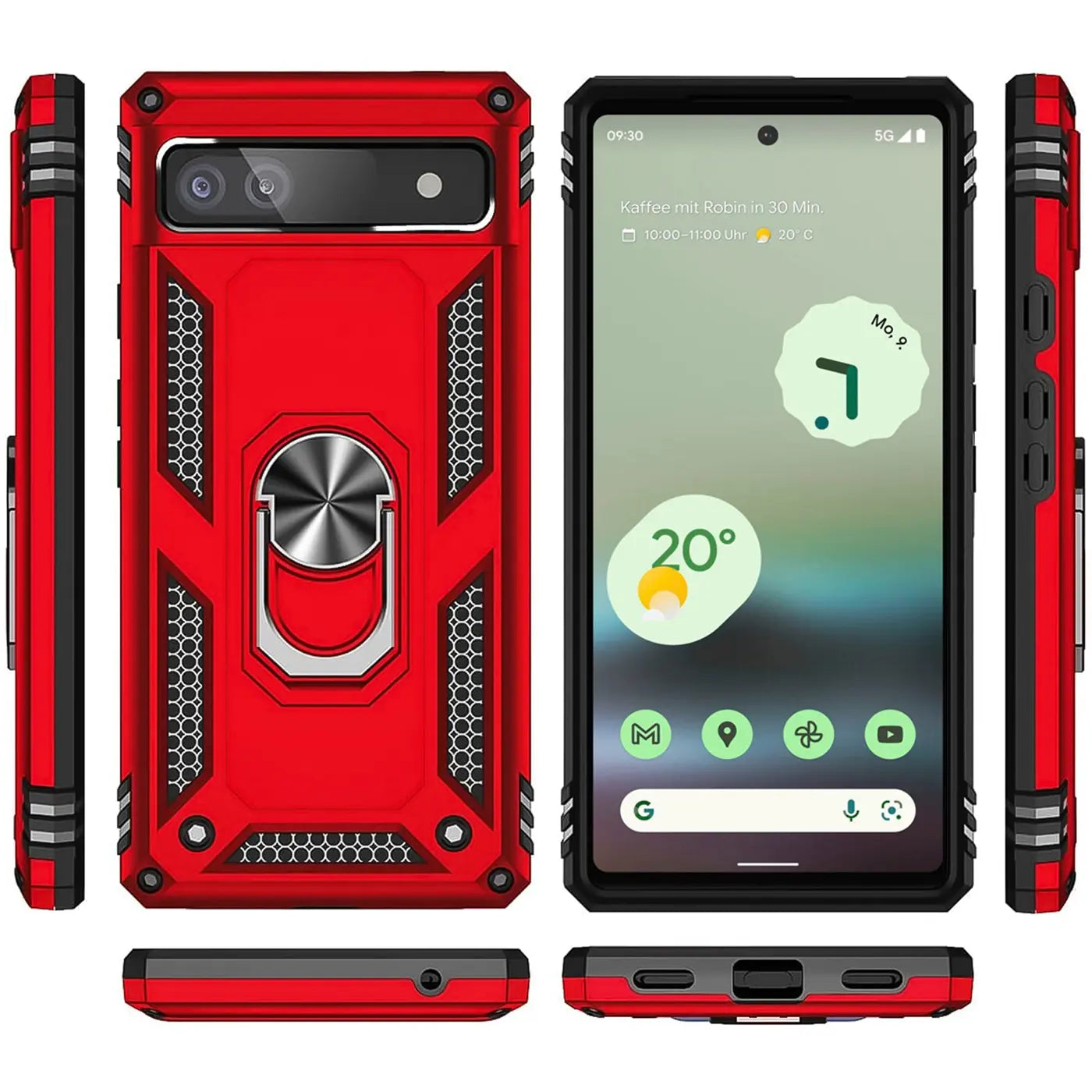 Rote Military-Hülle aus Kunststoff und Metall für Google Pixel 6a mit Ringhalter, von allen Seiten gezeigt.