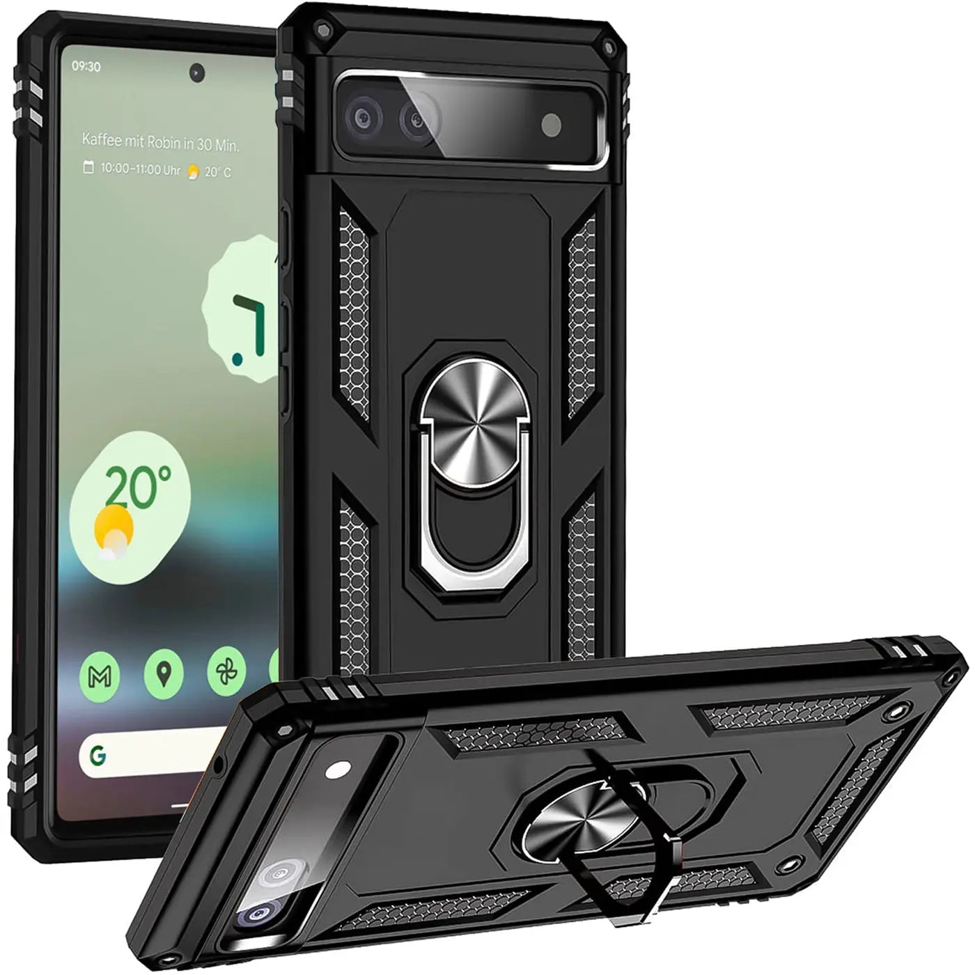 Drei schwarze Google Pixel 6a Hüllen aus Kunststoff mit Metall-Ringhalter, aus verschiedenen Perspektiven.