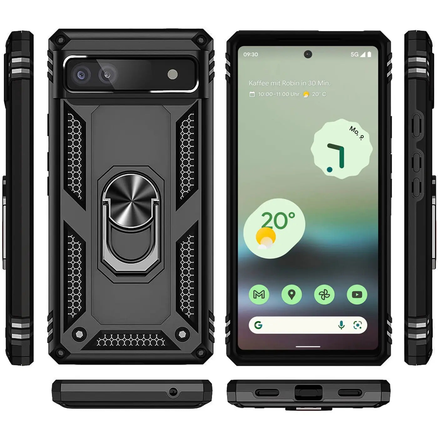 Google Pixel 6a in schwarzer Military-Hülle mit Ringhalter, von vorne, hinten, oben, unten und den Seiten.