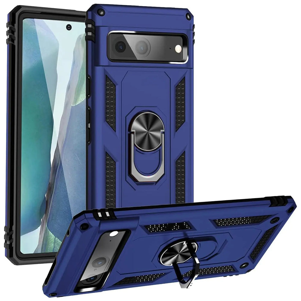 Drei blaue, robuste Google Pixel 7 Hüllen mit Ringhalter aus Kunststoff, von oben und der Seite gezeigt.