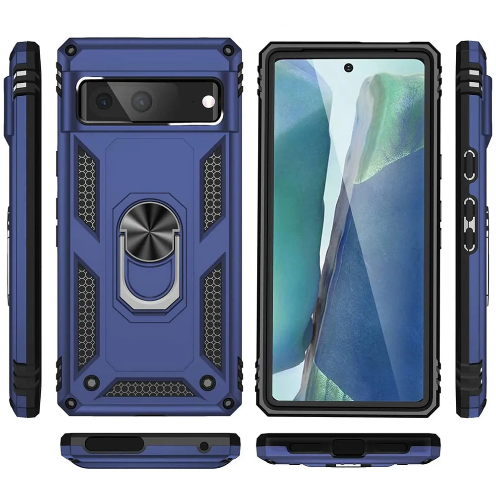 Blaue, robuste Google Pixel 7 Hülle aus Kunststoff und Metall mit Ringhalter, von allen Seiten gezeigt.