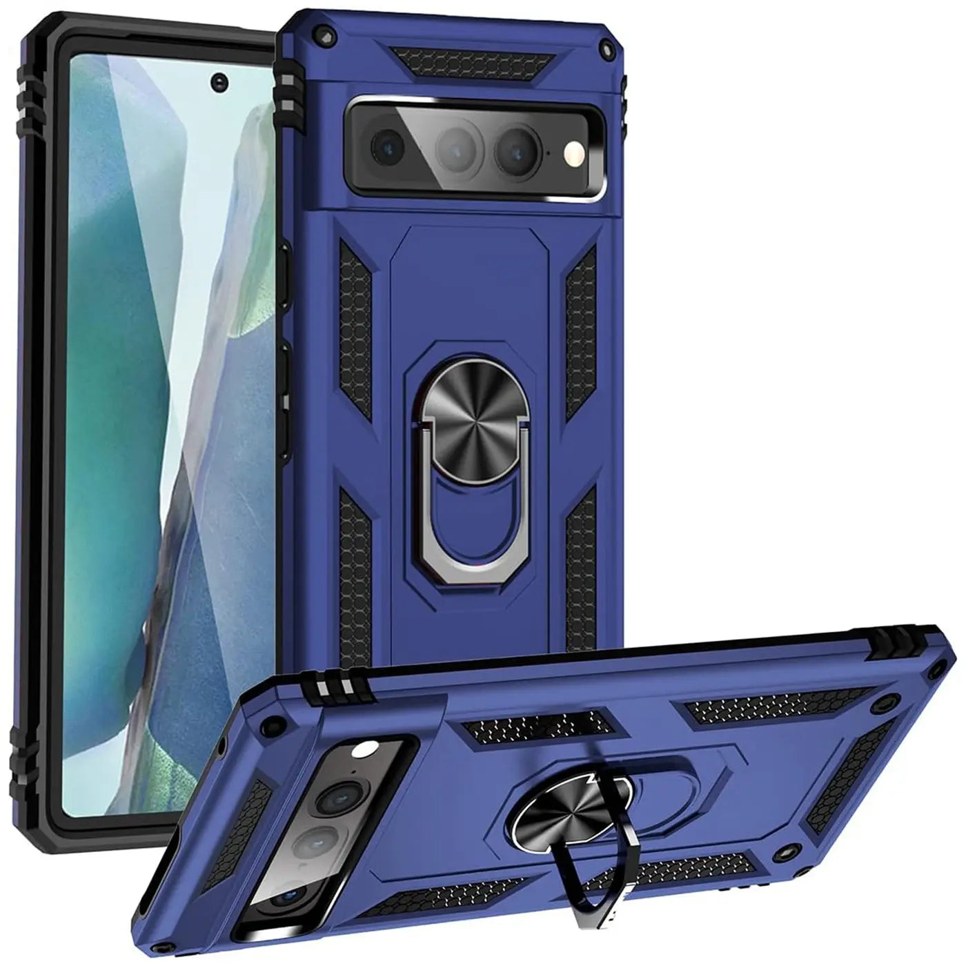 Zwei blaue, robuste Google Pixel 7 Pro Hüllen aus Kunststoff/Metall. Eine steht, die andere liegt mit ausgeklapptem.