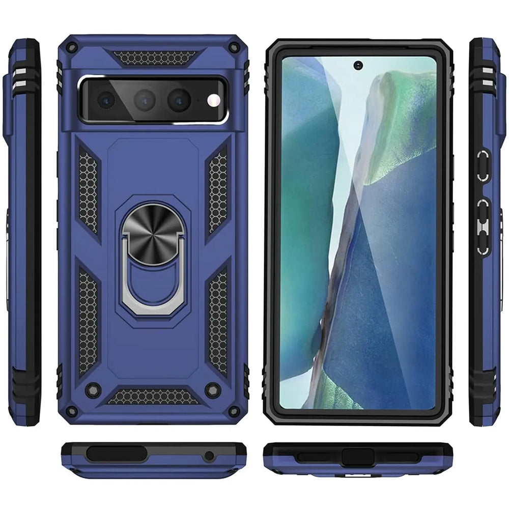 Google Pixel 7 Pro Hülle, blau, Military-Stil, mit Ringhalter. Rück-, Vorder-, Seiten-, Ober- und Unteransicht.
