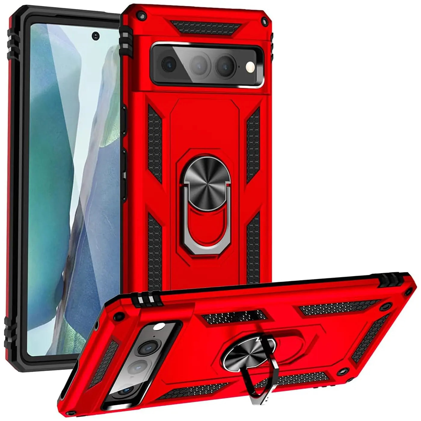 Rote, robuste Google Pixel 7 Pro Hülle aus Kunststoff mit schwarzem Ringhalter, von hinten und schräg unten gezeigt.