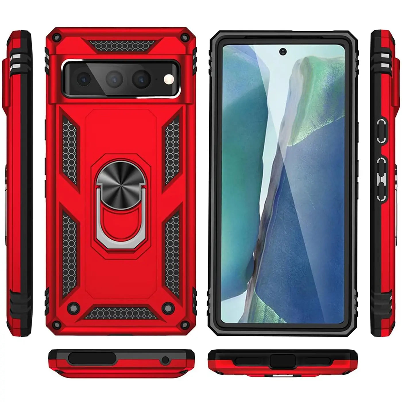 Rote Military-Hülle für Google Pixel 7 Pro aus Kunststoff/Silikon mit Ringhalter, von allen Seiten gezeigt.
