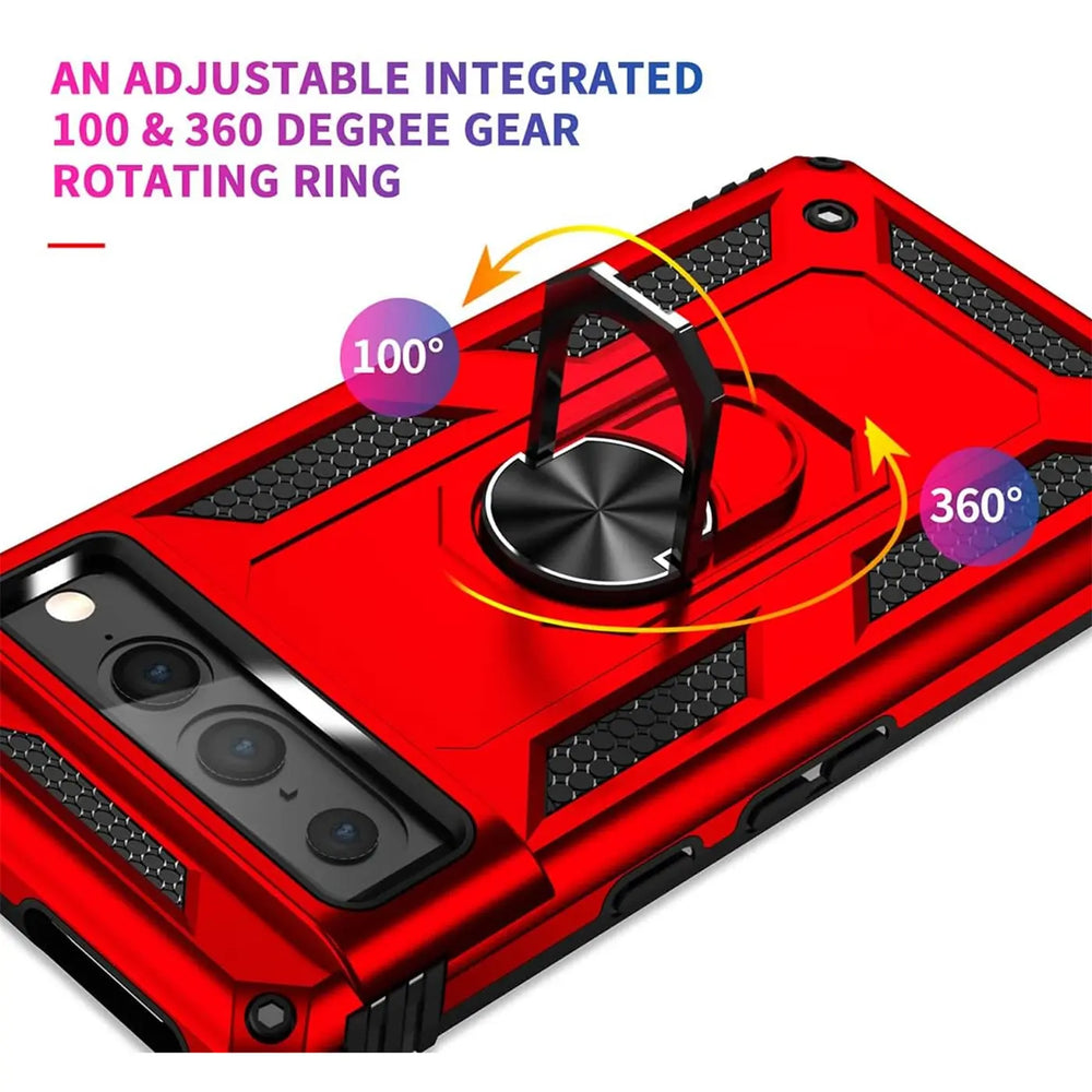 Rote Military-Hülle für Google Pixel 7 Pro, schräg von oben. Mit schwarzem, drehbarem Ringhalter aus Metall.