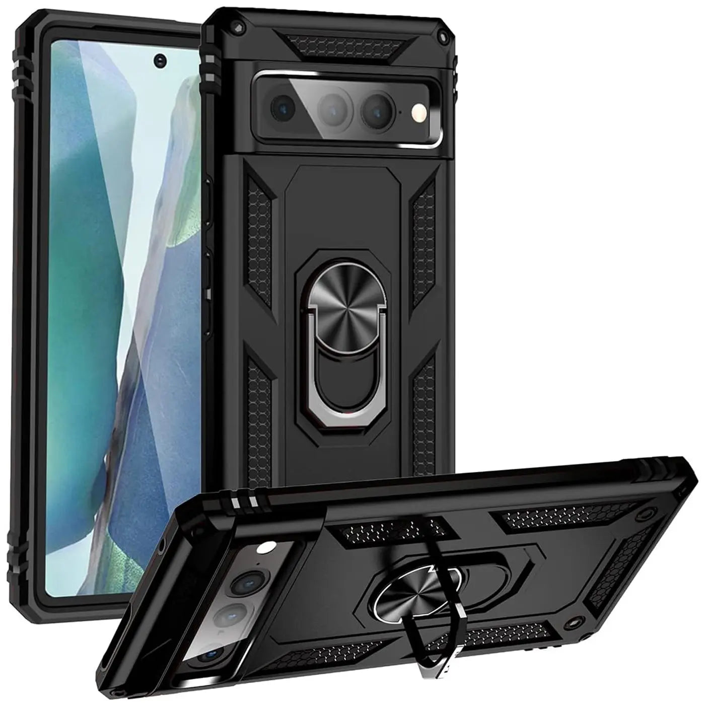 Drei schwarze, robuste Google Pixel 7 Pro Hüllen aus Kunststoff mit Ringhalter, aus verschiedenen Perspektiven.