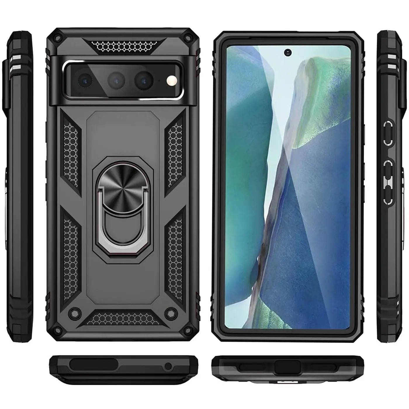 Schwarze Military-Hülle aus Kunststoff und Metall mit Ringhalter für Google Pixel 7 Pro, in verschiedenen Ansichten.