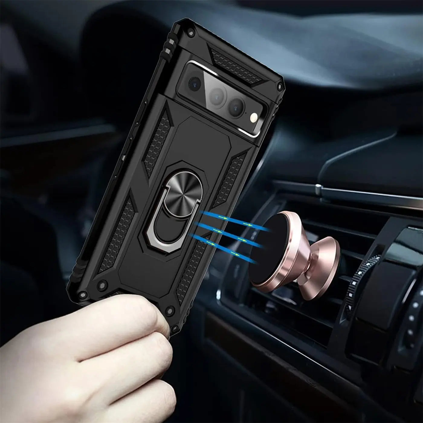 Schwarze Military-Hülle für Google Pixel 7 Pro mit Ringhalter, wird an roségoldenem Magnethalter im Auto befestigt.