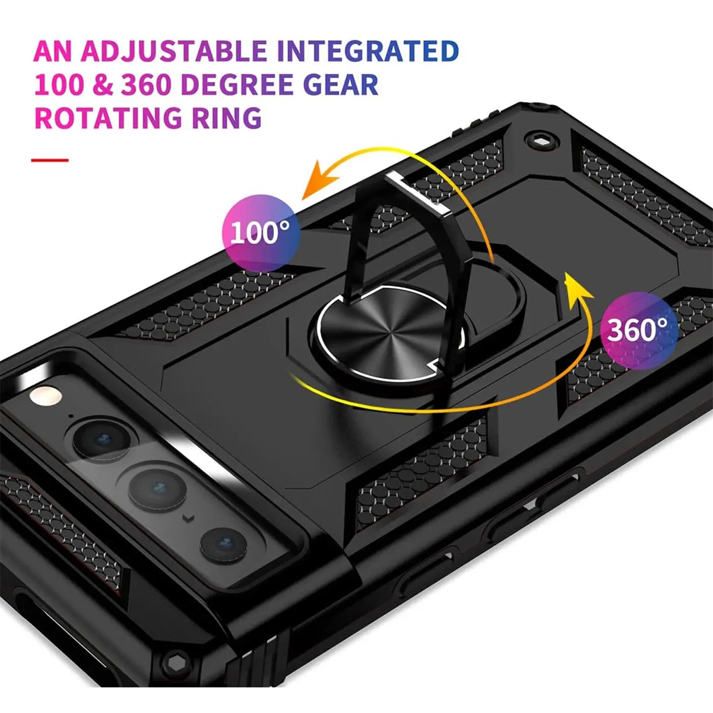 Schwarze, robuste Google Pixel 7 Pro Hülle aus Kunststoff/Metall, schräg von oben, mit integriertem, drehbarem Ringhalter.