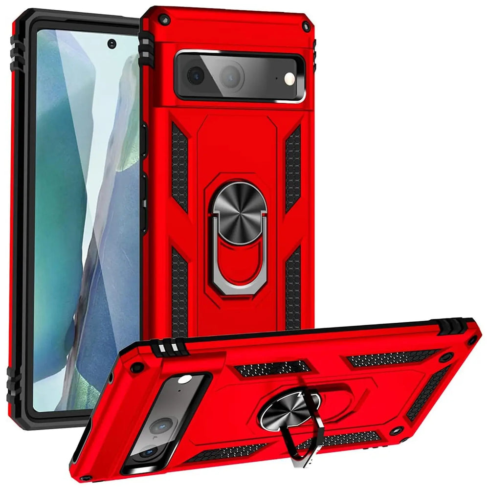 Rote, robuste Google Pixel 7 Hülle aus Kunststoff mit schwarzem Ringhalter, von vorne und seitlich gezeigt.