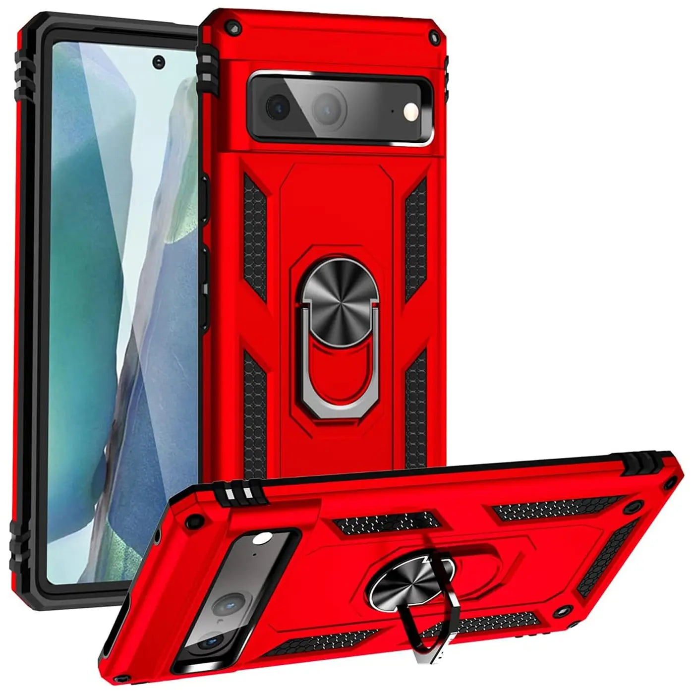 Rote, robuste Google Pixel 7 Hülle aus Kunststoff mit schwarzem Ringhalter, von vorne und seitlich gezeigt.