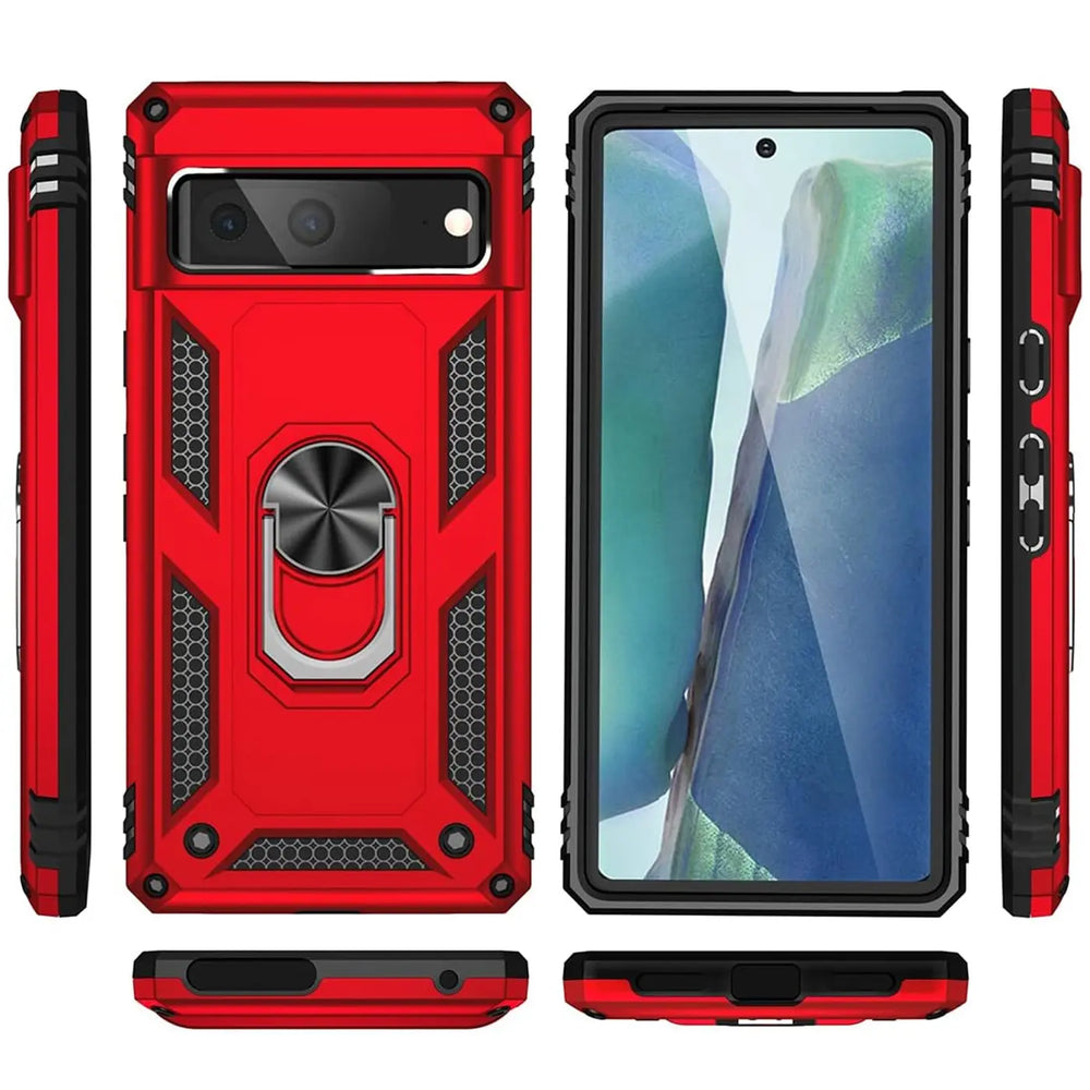 Rote, robuste Google Pixel 7 Hülle aus Kunststoff/Metall mit Ringhalter, von allen Seiten auf weißem Hintergrund.