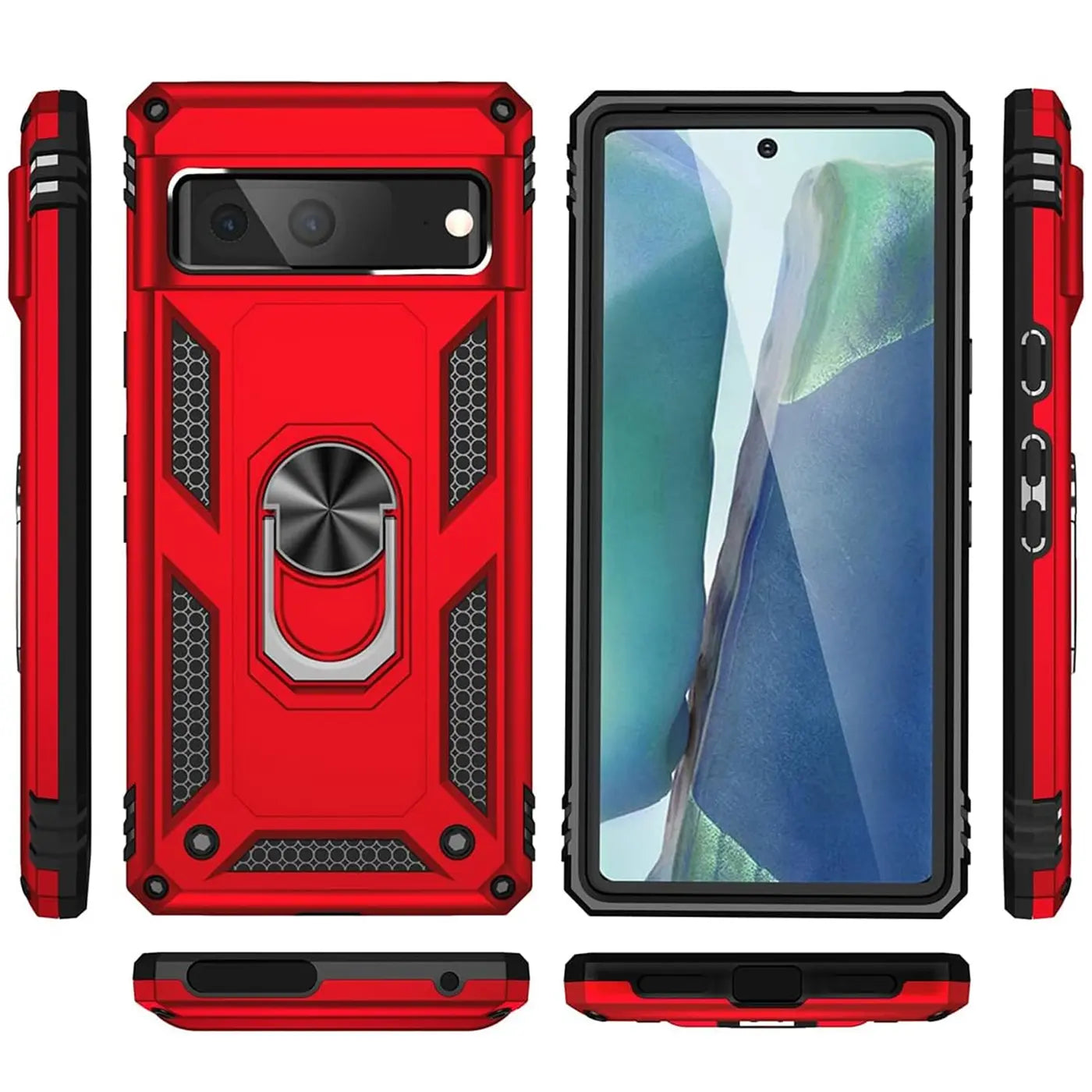 Rote, robuste Google Pixel 7 Hülle aus Kunststoff/Metall mit Ringhalter, von allen Seiten auf weißem Hintergrund.