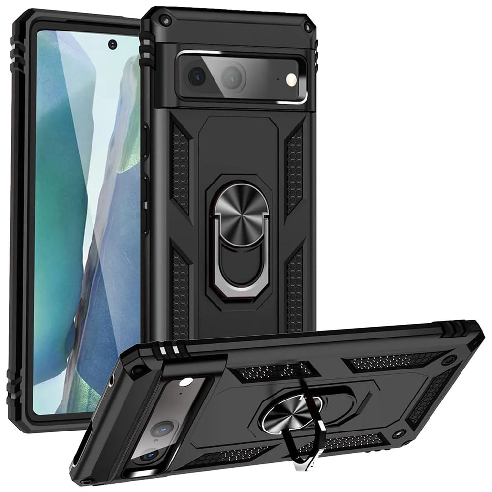 Drei schwarze, robuste Google Pixel 7 Hüllen aus Kunststoff mit Ringhalter, von vorne, hinten und seitlich gezeigt.