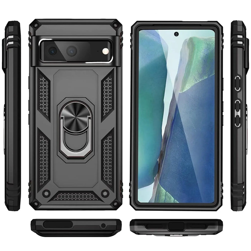 Google Pixel 7 Hülle, schwarz, Military-Stil, mit Ringhalter. Ansichten von Rückseite, Vorderseite, Seiten, oben, unten.