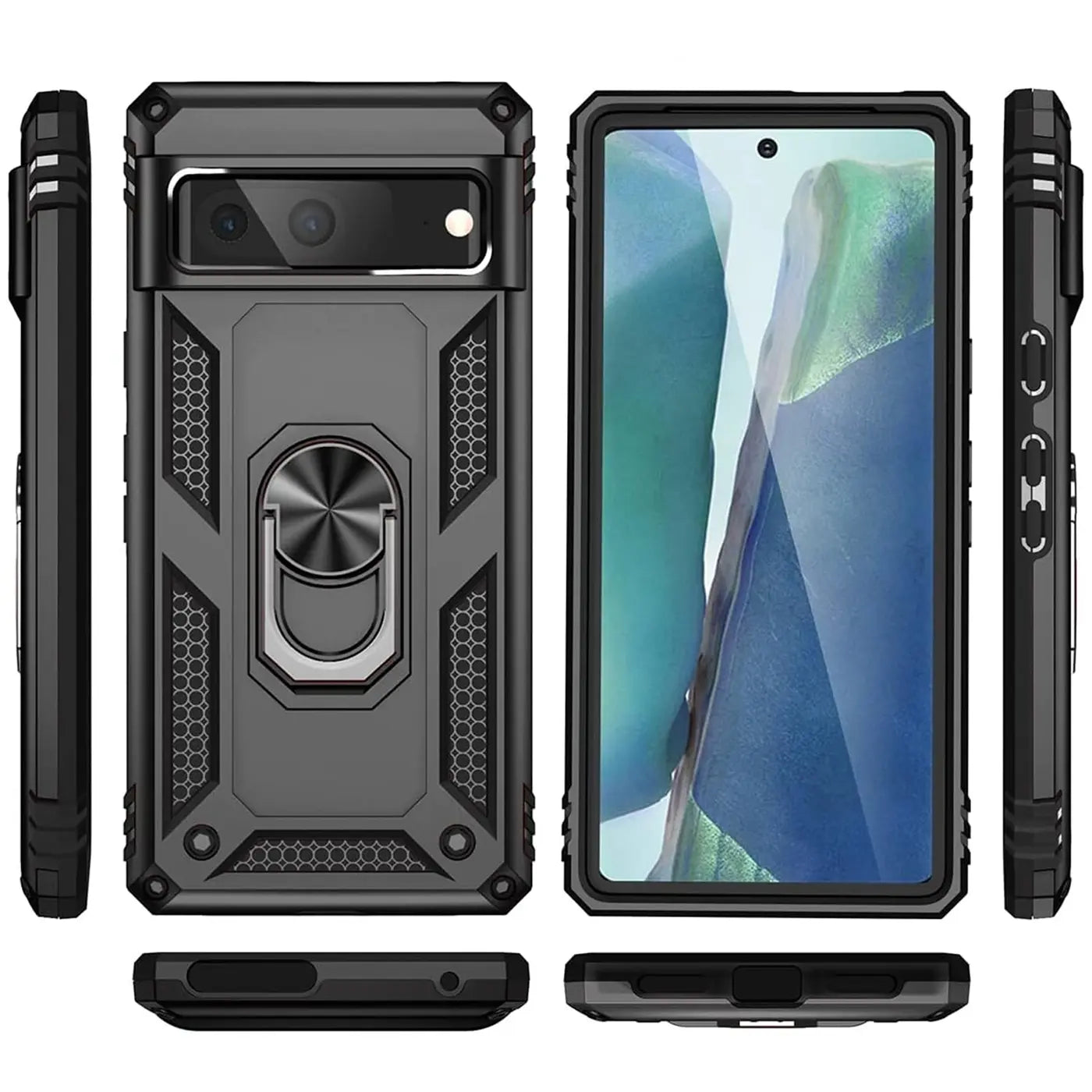 Google Pixel 7 Hülle, schwarz, Military-Stil, mit Ringhalter. Ansichten von Rückseite, Vorderseite, Seiten, oben, unten.