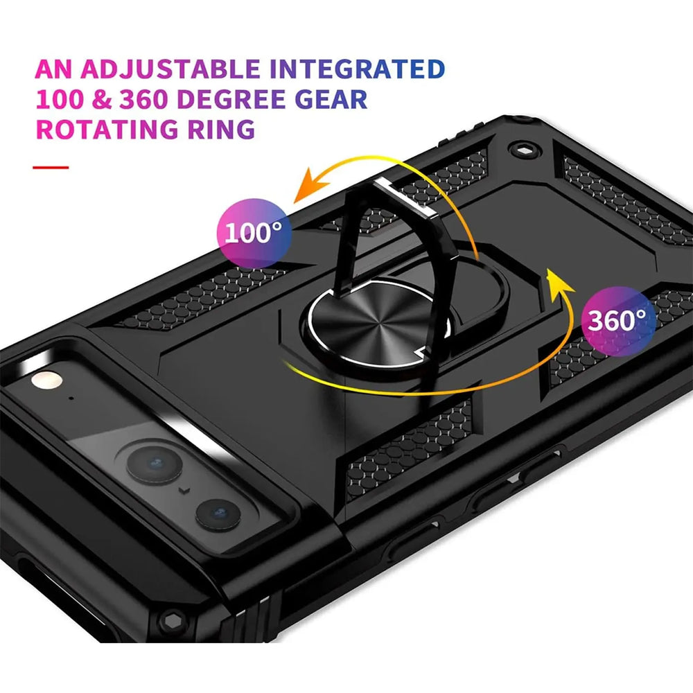 Schwarze Military-Hülle aus Kunststoff für Google Pixel 7 mit Ringhalter, schräg von oben.