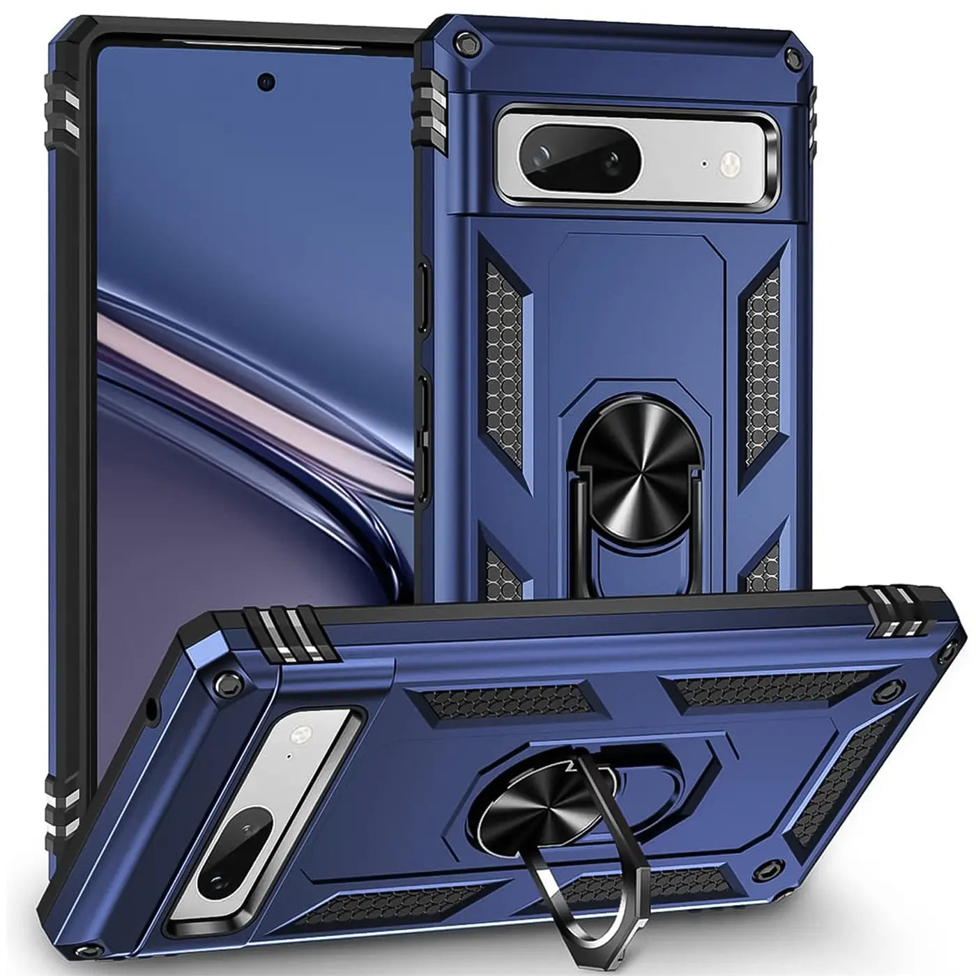 Drei blaue Google Pixel 7a Hüllen aus TPU/PC mit Ringhalter, aus verschiedenen Perspektiven auf weißem Hintergrund.
