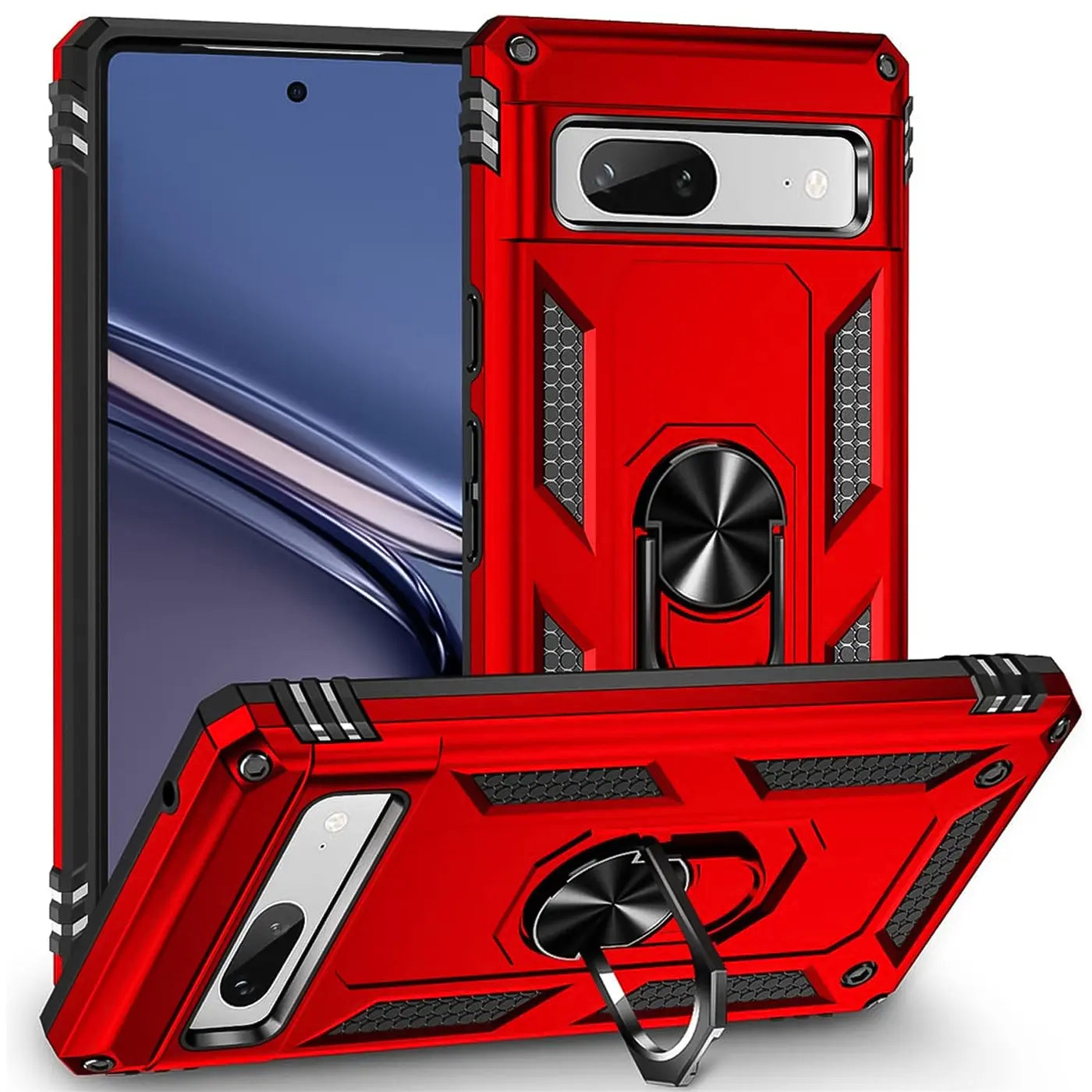 Rote Military-Hülle aus Kunststoff und Metall für Google Pixel 7a, mit Ringhalter. Zwei Hüllen schräg von oben.