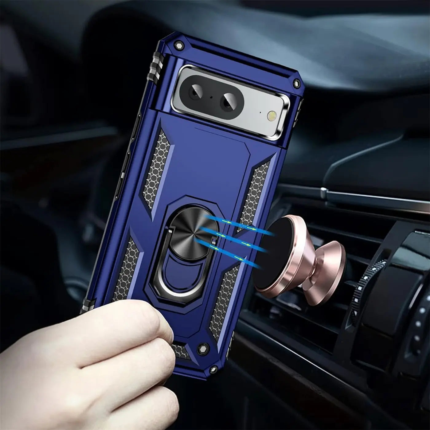 Dunkelblaue Google Pixel 8 Military Hülle mit Ringhalter, magnetisch an einer roségoldenen Autohalterung befestigt.