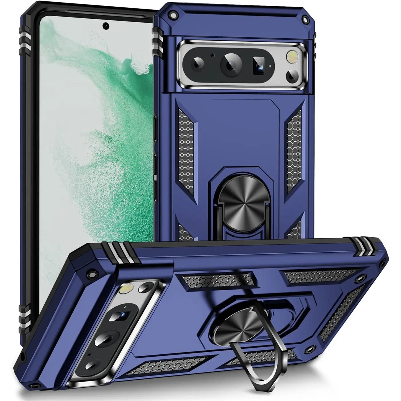 Drei blaue, robuste Google Pixel 8 Pro Hüllen aus Kunststoff und Metall, eine mit ausgeklapptem Ringhalter, schräg von.