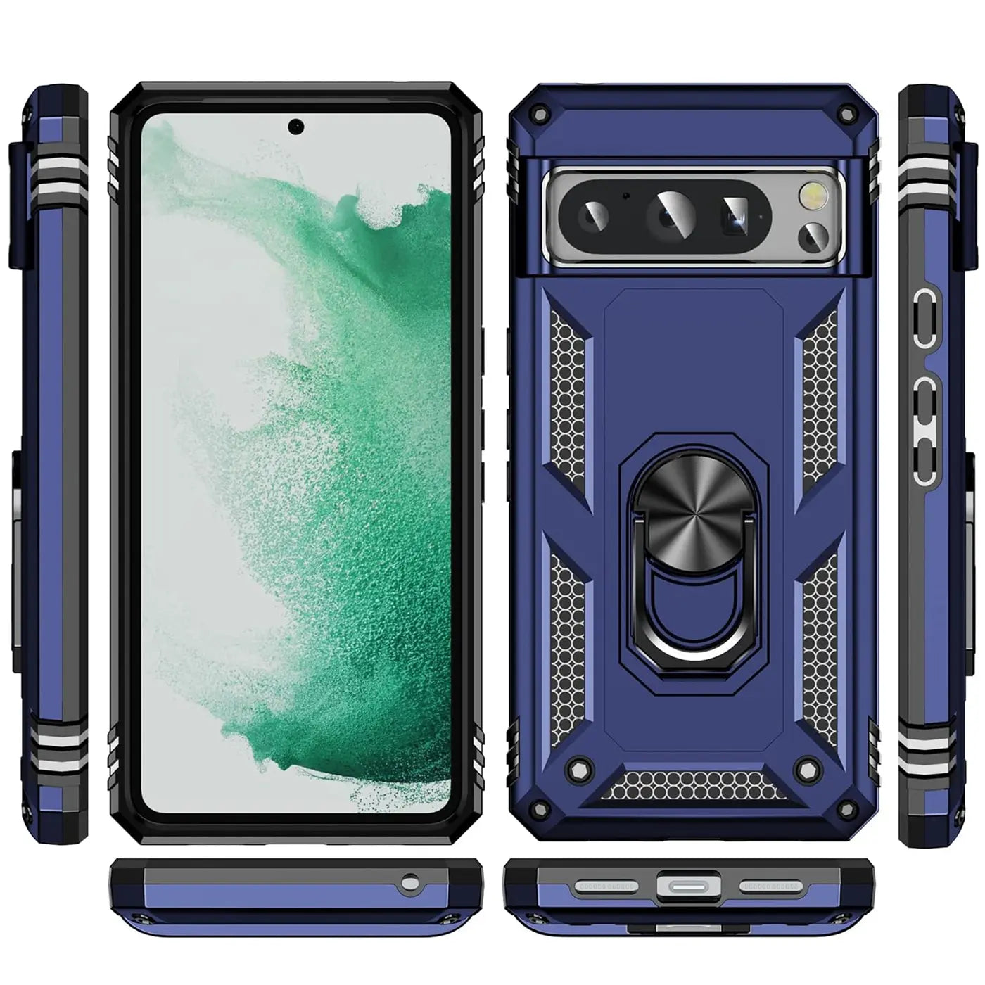 Blaue, robuste Kunststoffhülle für Google Pixel 8 Pro mit Ringhalter, von allen Seiten gezeigt.