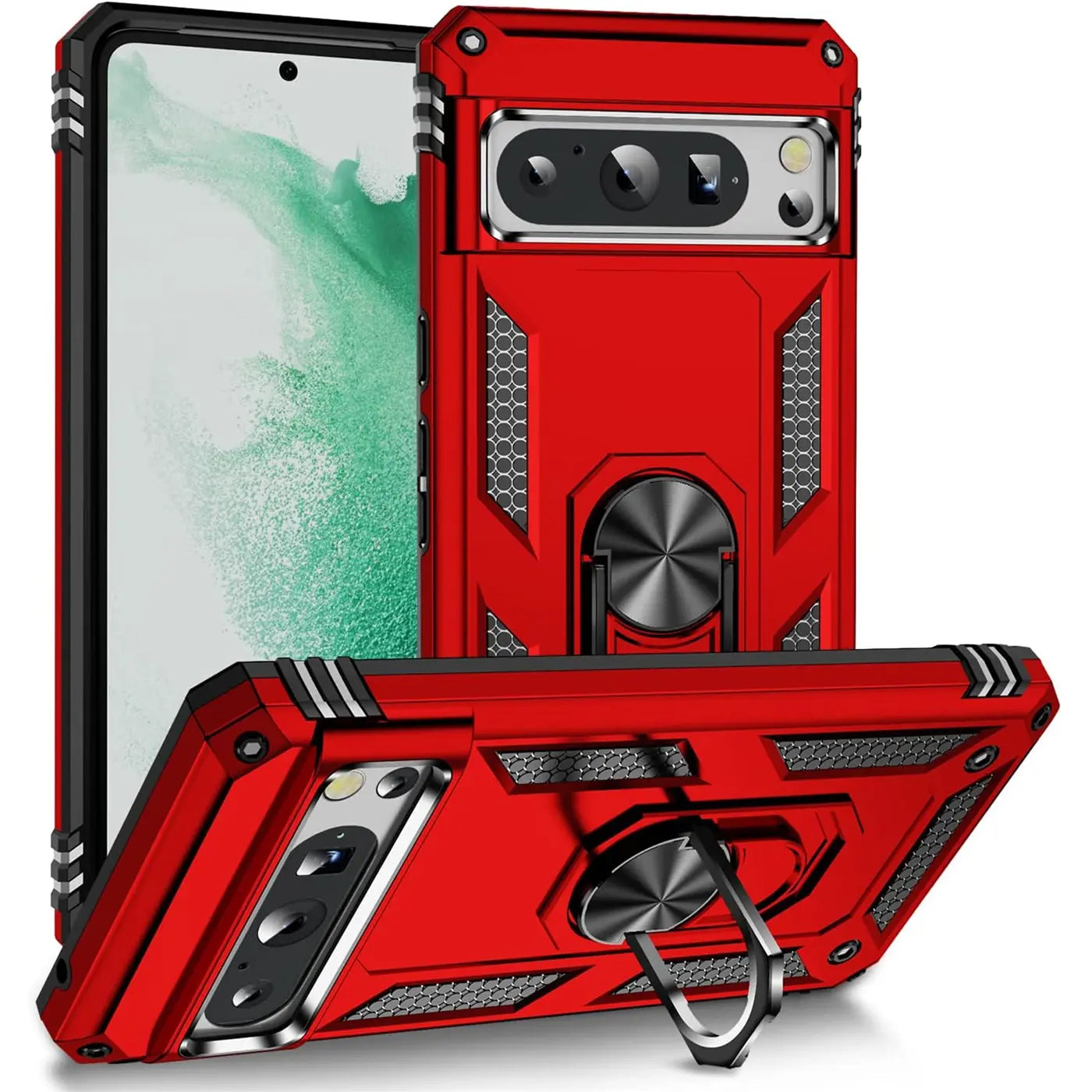 Rote Military-Hülle aus Kunststoff und Metall mit Ringhalter für Google Pixel 8 Pro, schräg von hinten/oben.
