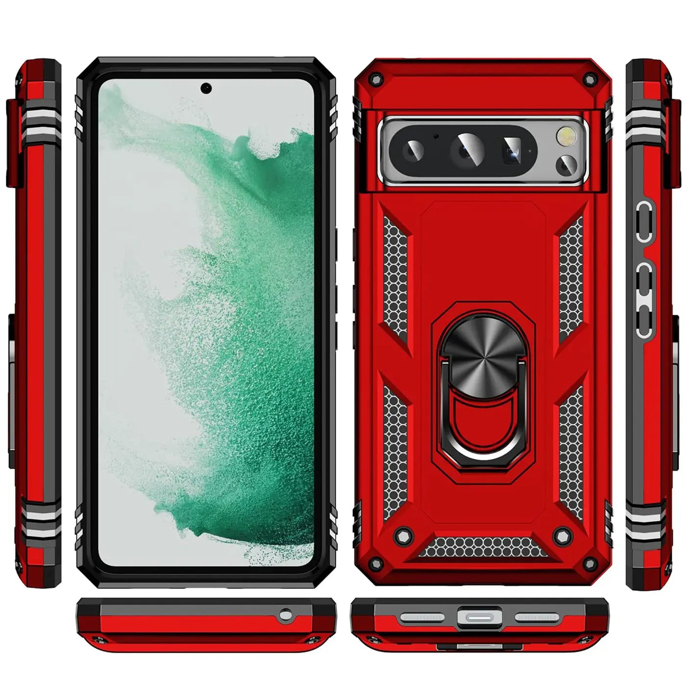 Rote, robuste Google Pixel 8 Pro Hülle aus Kunststoff/Metall mit Ringhalter, von allen Seiten auf weißem Grund.