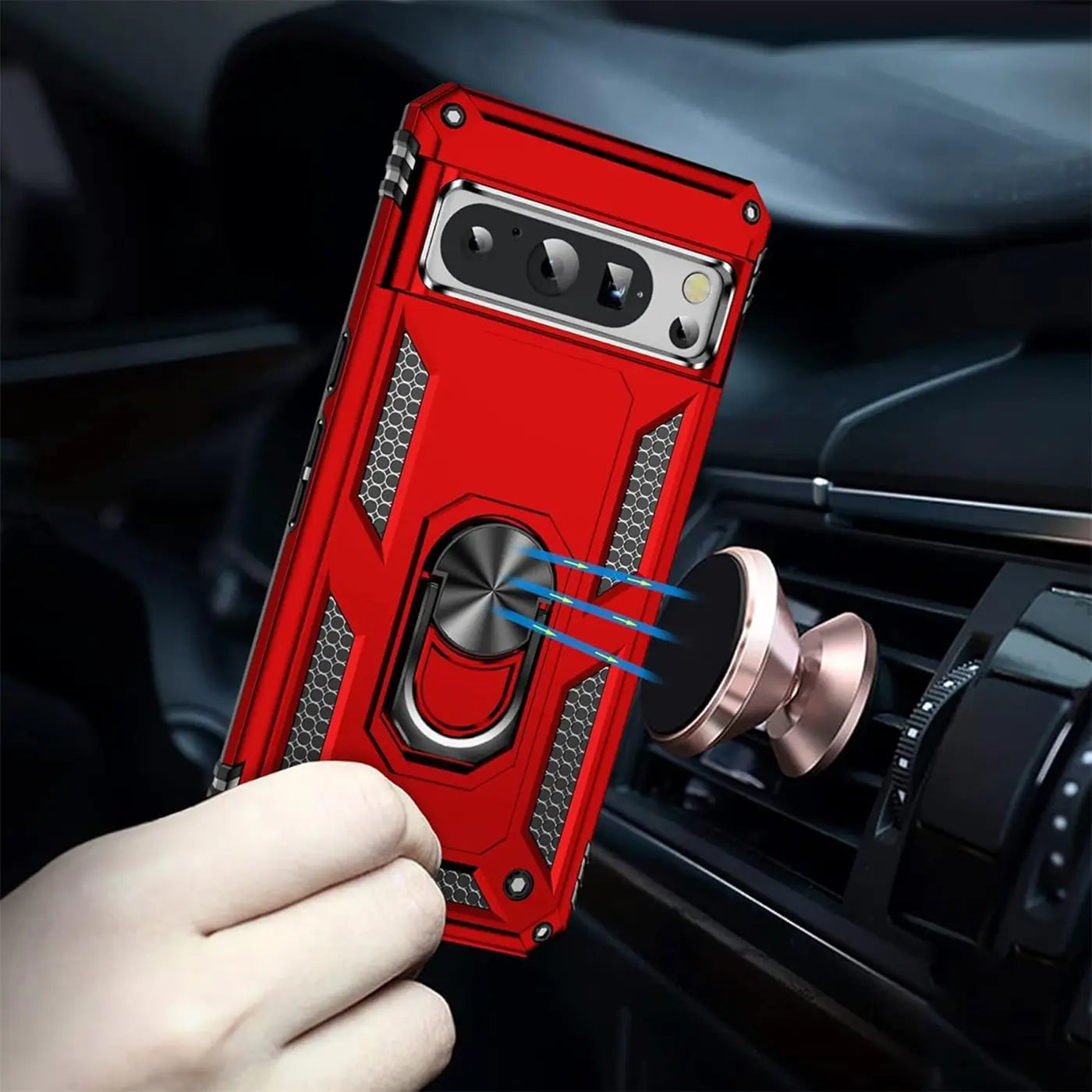Rote Military Hülle für Google Pixel 8 Pro mit Ringhalter, von Hand gehalten, nah an magnetischer Autohalterung.