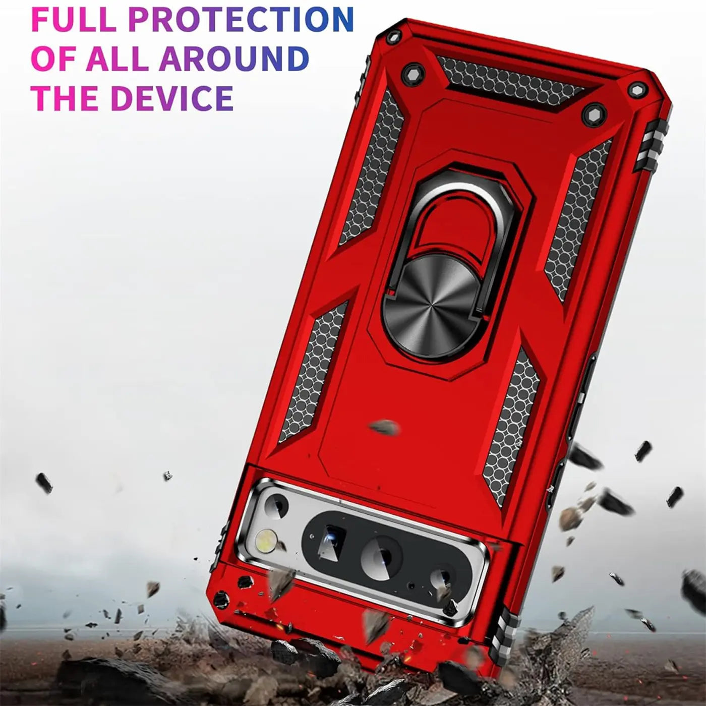 Rote Military-Hülle aus Kunststoff und Metall für Google Pixel 8 Pro mit Ringhalter, schräg von hinten.