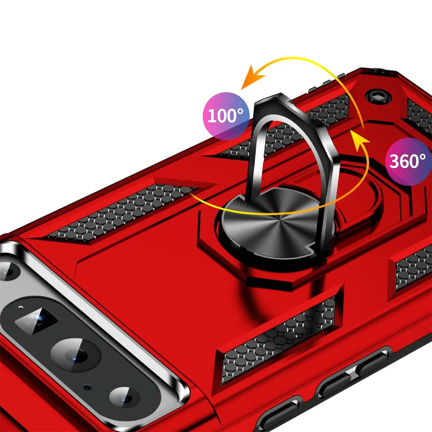 Rote Military-Hülle für Google Pixel 8 Pro aus Kunststoff/Metall mit Ringhalter, 100° kipp- und 360° drehbar.