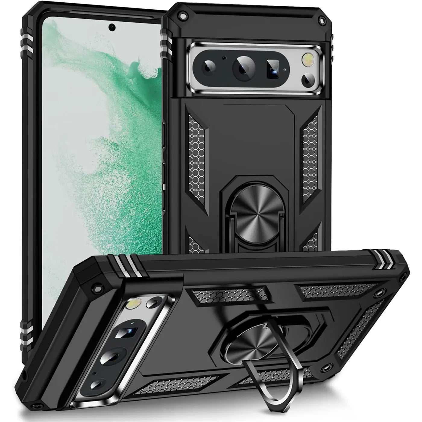 Drei schwarze Google Pixel 8 Pro Hüllen aus Kunststoff mit Ringhalter, aus verschiedenen Winkeln auf weißem Hintergrund.