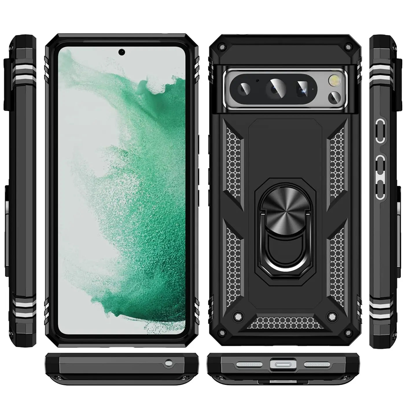 Schwarze Military-Hülle aus Kunststoff für Google Pixel 8 Pro mit Ringhalter, Vorder-, Rück- und Seitenansichten.