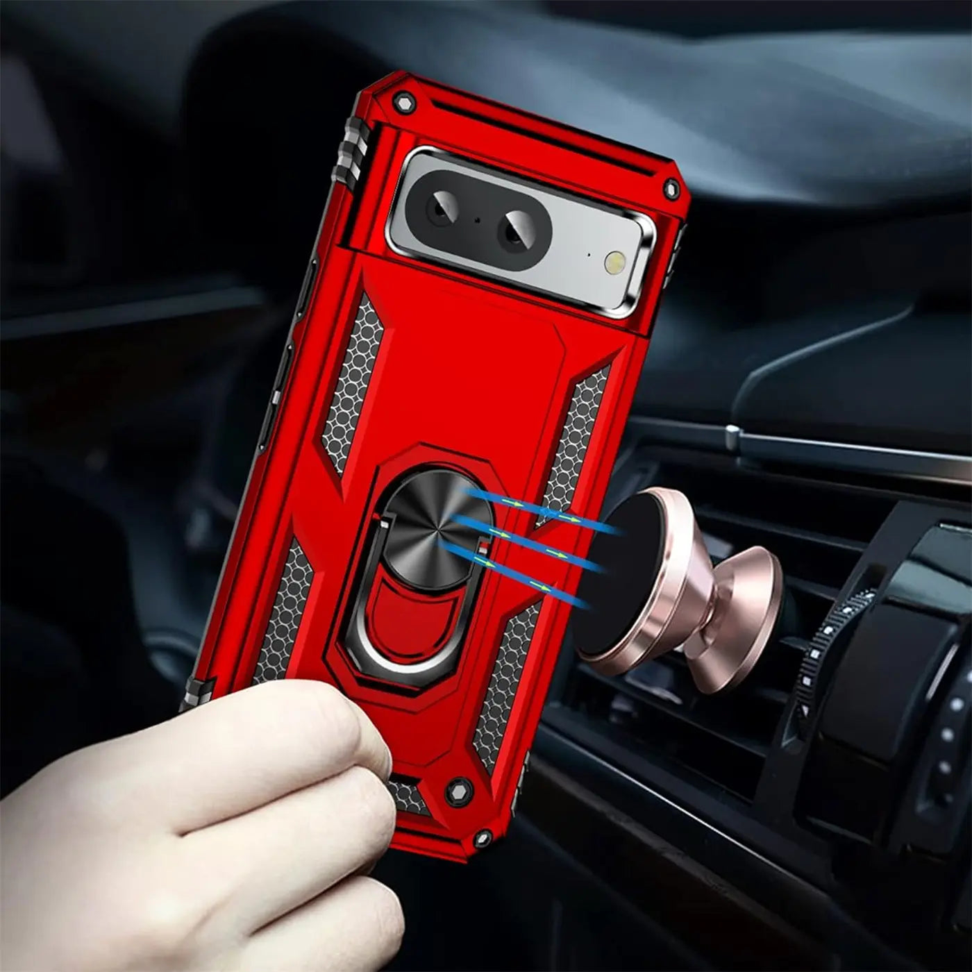 Rote Military-Hülle für Google Pixel 8 mit Ringhalter, von Hand gehalten, an magnetischer Auto-Lüftungshalterung.