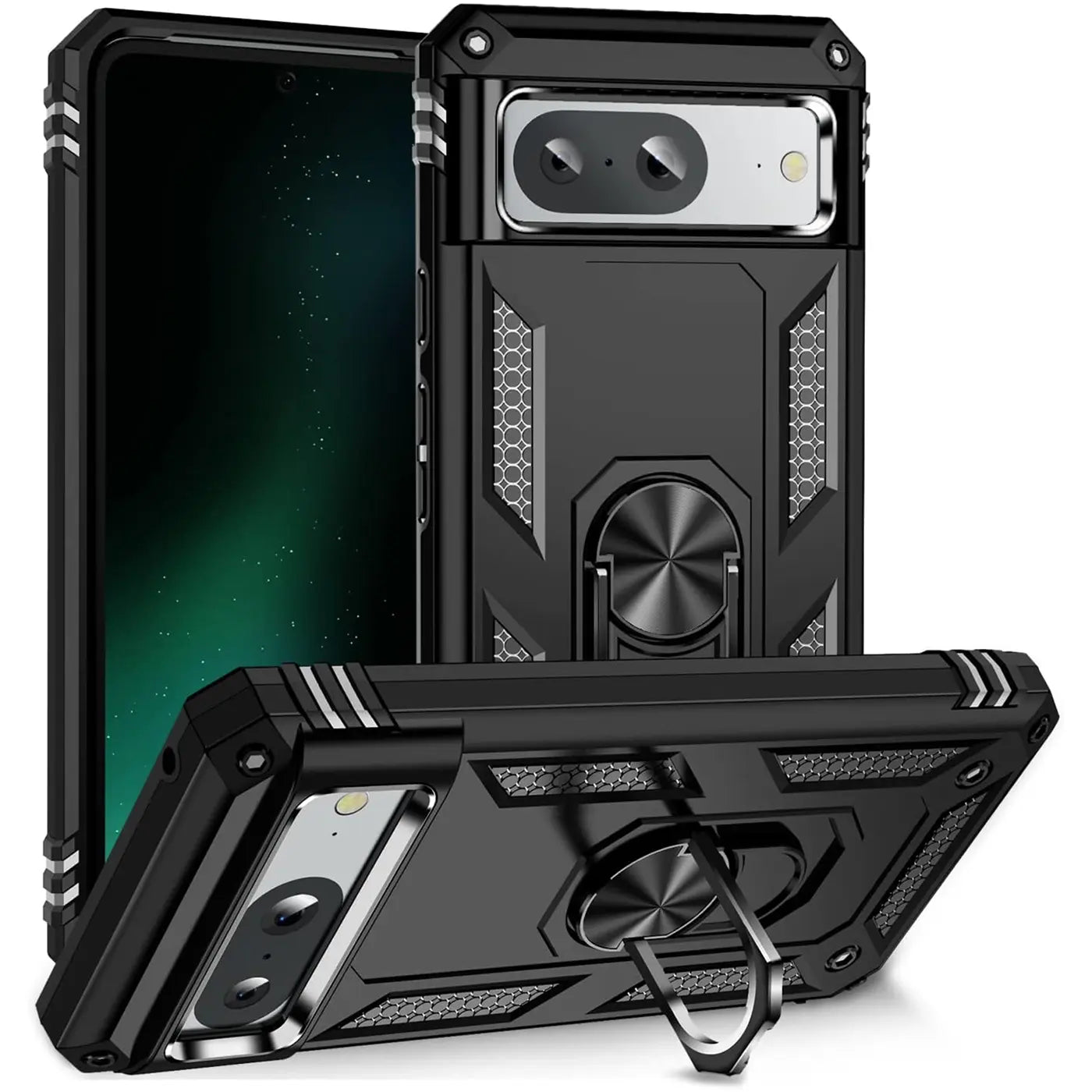 Schwarze, robuste Google Pixel 8 Hülle aus Kunststoff und Metall, mit Ringhalter als Ständer, schräg von hinten.