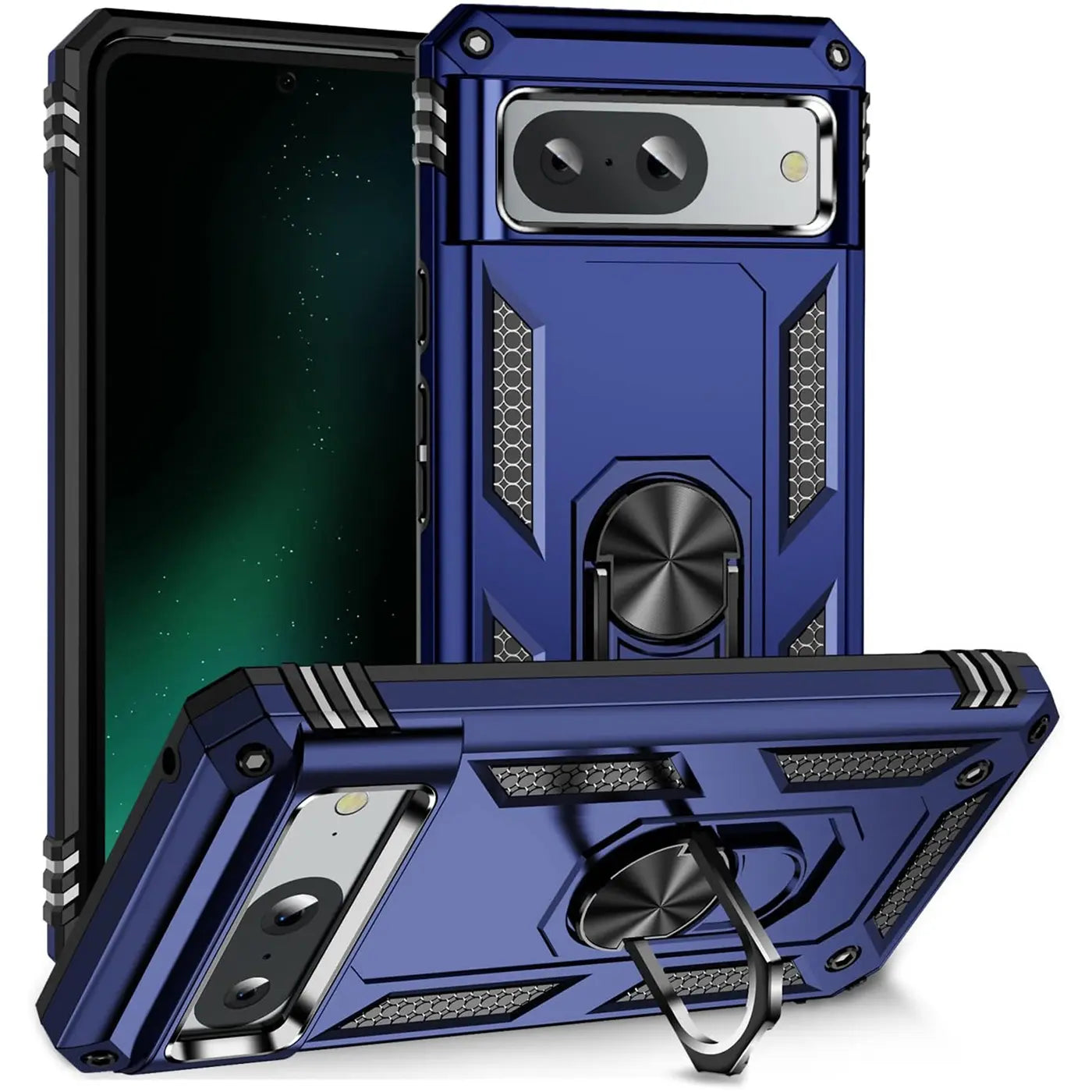 Zwei blaue Military-Hüllen aus Kunststoff für Google Pixel 8a mit Ringhalter, schräg von hinten und unten.