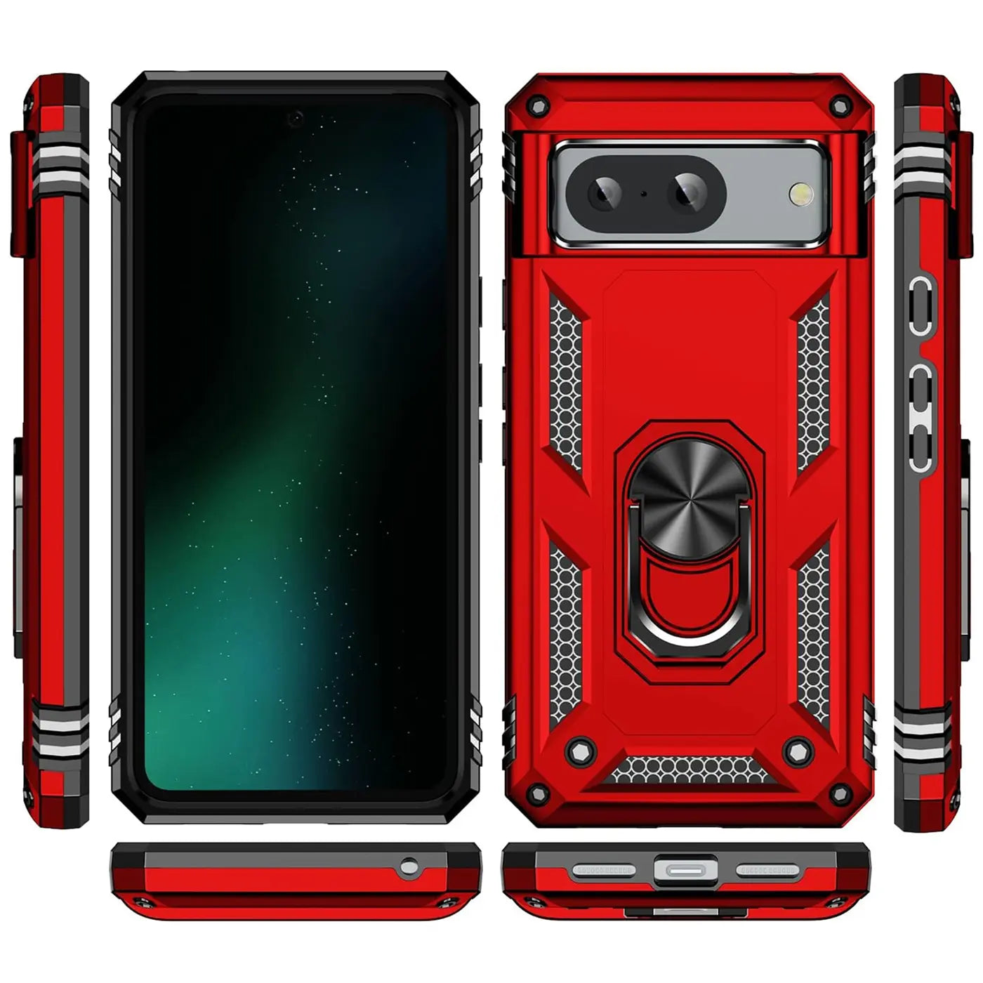 Rote, robuste Kunststoff-Hülle für Google Pixel 8a mit Ringhalter, von vorne, hinten und allen Seiten gezeigt.