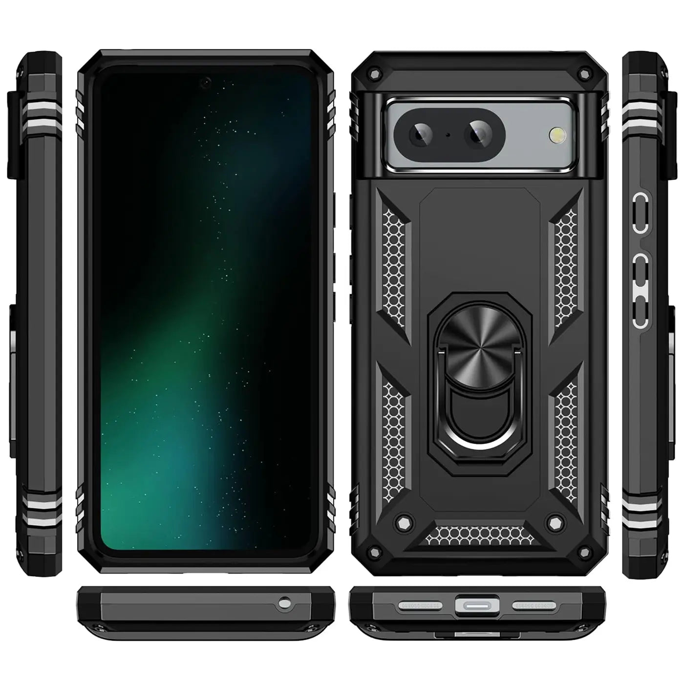 Schwarz-graue Military-Hülle aus Kunststoff und Metall für Google Pixel 8a mit Ringhalter, in verschiedenen Ansichten.