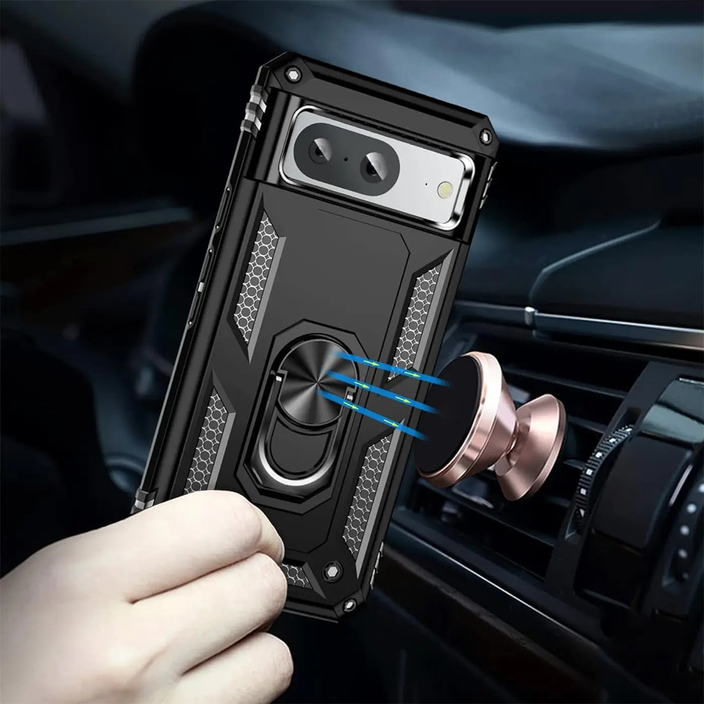 Schwarze Military-Hülle mit Ringhalter für Google Pixel 8a, von Hand gehalten, an magnetischer Halterung im Auto.