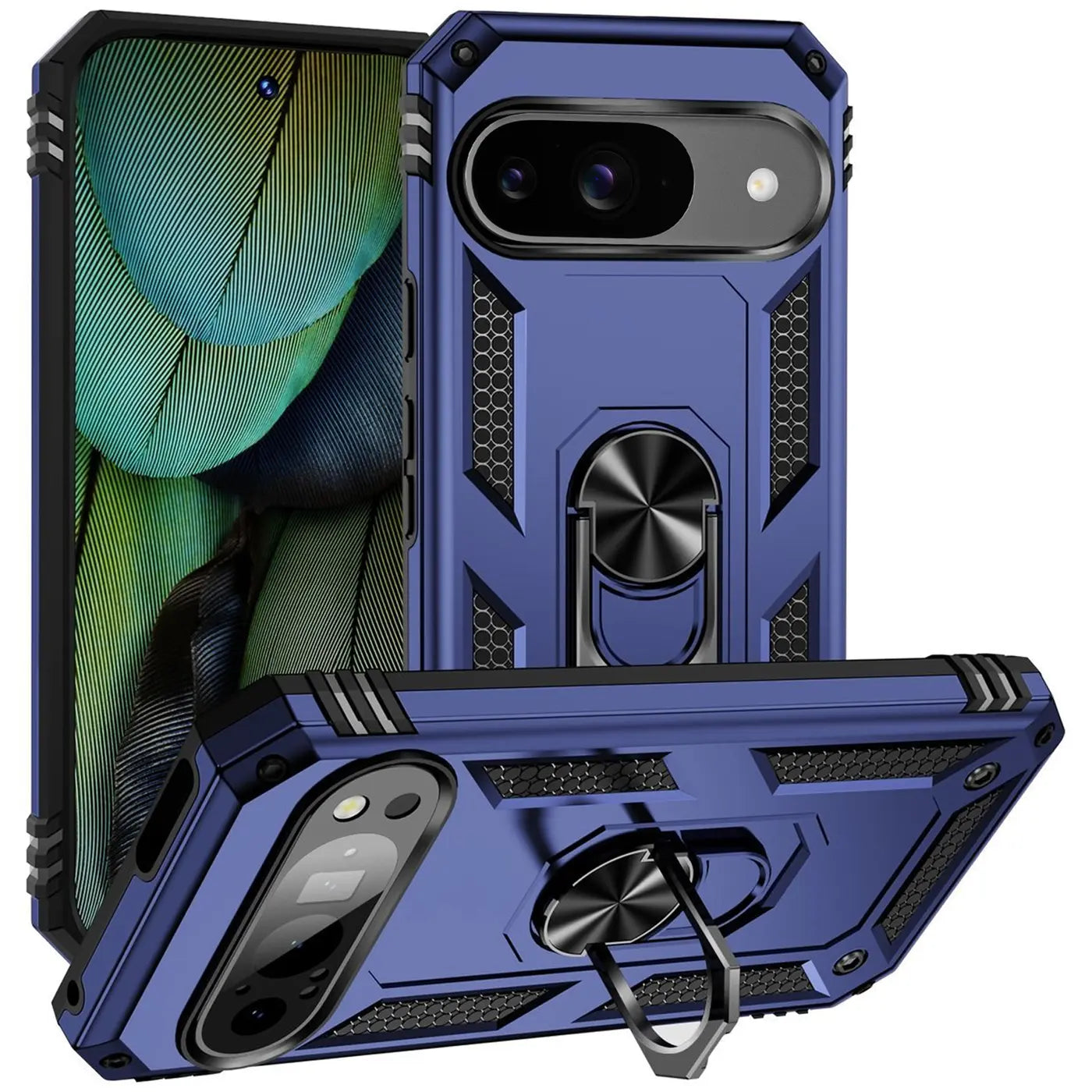 Zwei blaue, robuste Google Pixel 9 Hüllen aus Kunststoff mit Ringhalter, schräg von oben und unten gezeigt.
