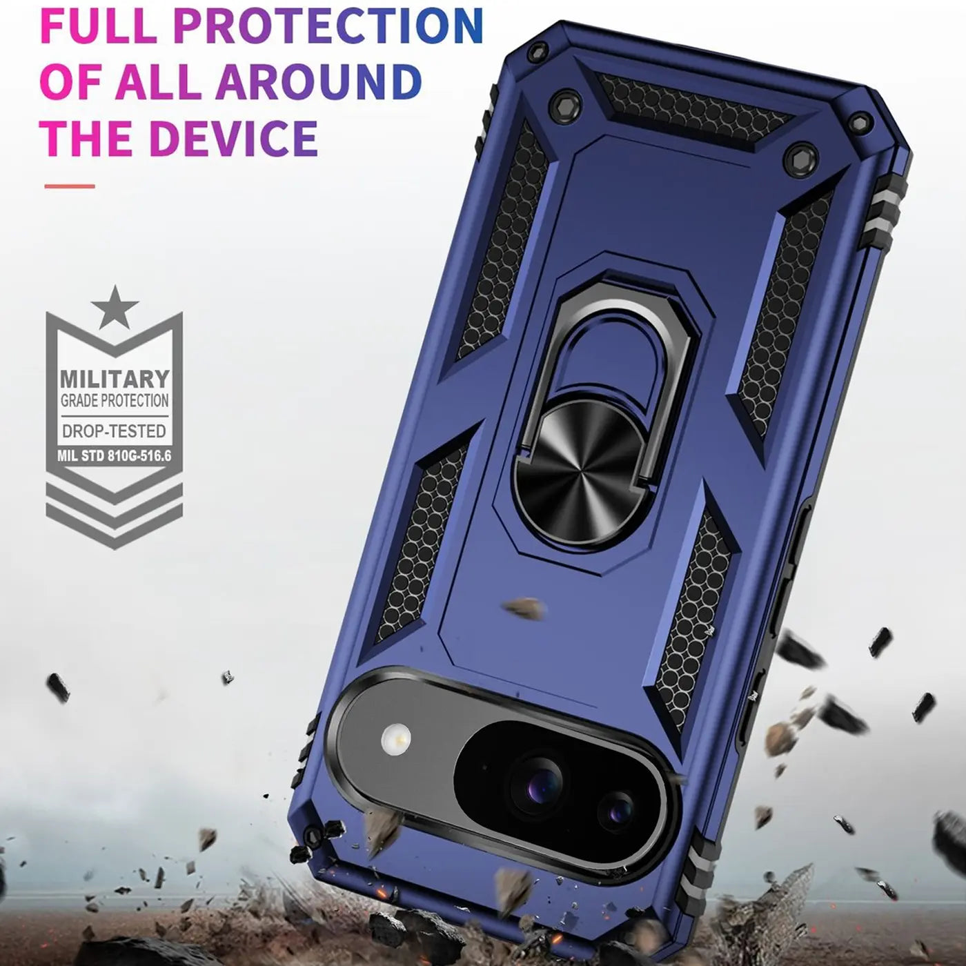 Dunkelblaue Military-Hülle aus Kunststoff und Metall für Google Pixel 9, mit Ringhalter, schräg von oben.