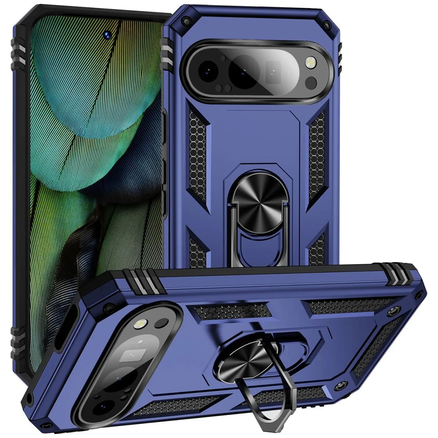 Zwei blaue Military-Hüllen aus TPU/PC für Google Pixel 9 Pro mit Ringhalter, schräg von hinten und unten.
